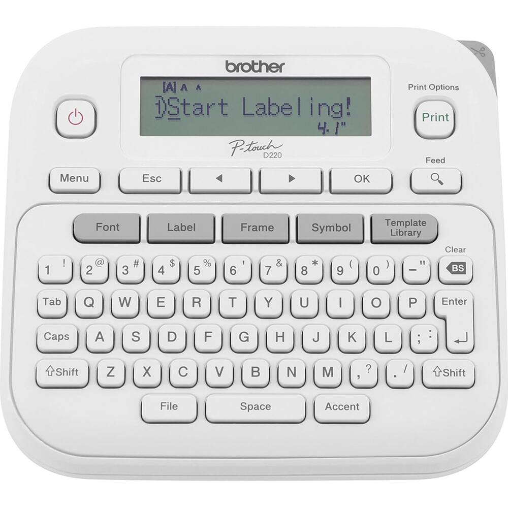 brother  
[A] A A  
Start Labeling!  
4.1"  
Petouch D220  
Print Options  
Print Feed Menu Esc OK  
Font Label Frame Symbol Template Library  
1 ! @ 2 3 # 4 $ % 5 6 I 7 & 8 * 9 () 0 I " - Clear BS Tab Q W E R T Y U I O P Enter Caps A S D F G H J K L : : Shift Z X C V B N M 5 ? / 4Shift File Space Accent