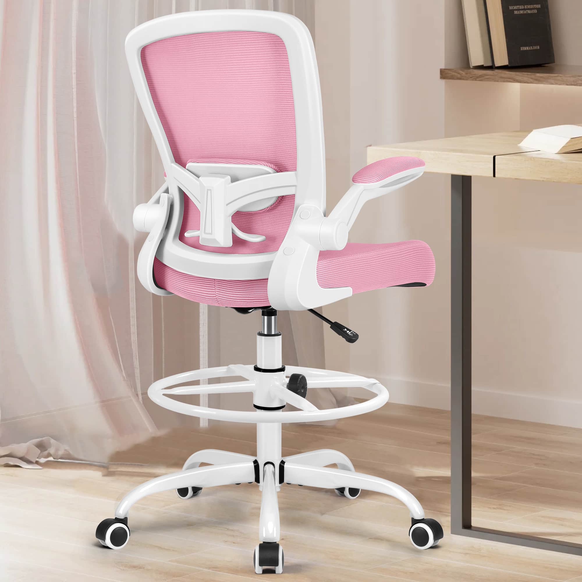 KERDOM - High Back Drafting Chair Ergonomic Tall Office Chair With Lumbar Support Breathable Mesh Painting Chair, Flip-up Armrest - Pink