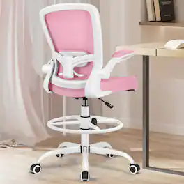 KERDOM - High Back Drafting Chair Ergonomic Tall Office Chair With Lumbar Support Breathable Mesh Painting Chair, Flip-up Armrest - Pink