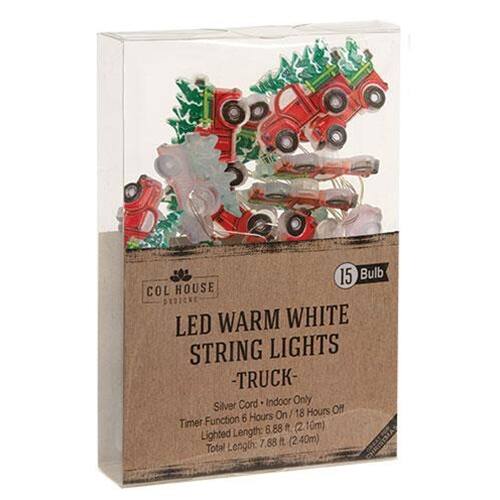 15 Bulb COL HOUSE LED WARM WHITE STRING LIGHTS - TRUCK  
Silver Cord - Indoor Only  
Timer Function 6 Hours On / 18 Hours Off  
Lighted Length: 6.88 ft (2.10m)  
Total Length: 7.88 ft (2.40m)
