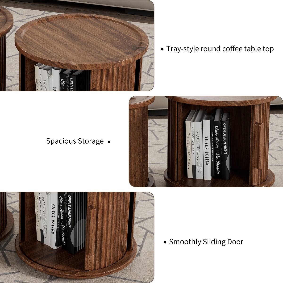 Tray-style round coffee table top

Spacious Storage

Smoothly Sliding Door
