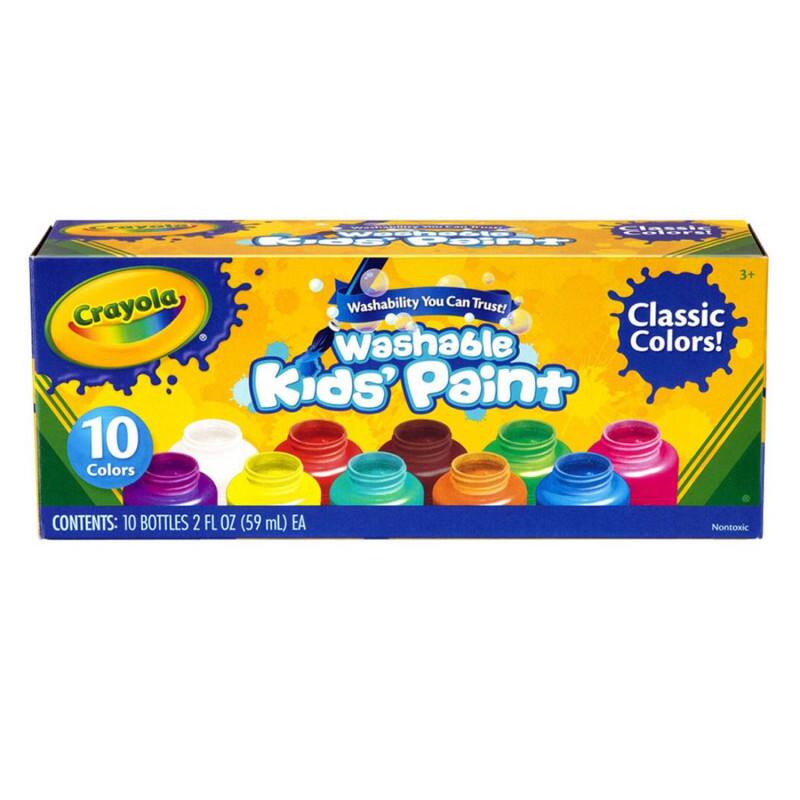 Crayola Washable Kids' Paint  
Classic Colors!  
Washability You Can Trust!  
10 Colors  
Contents: 10 Bottles 2 FL OZ (59 mL) EA  
Nontoxic