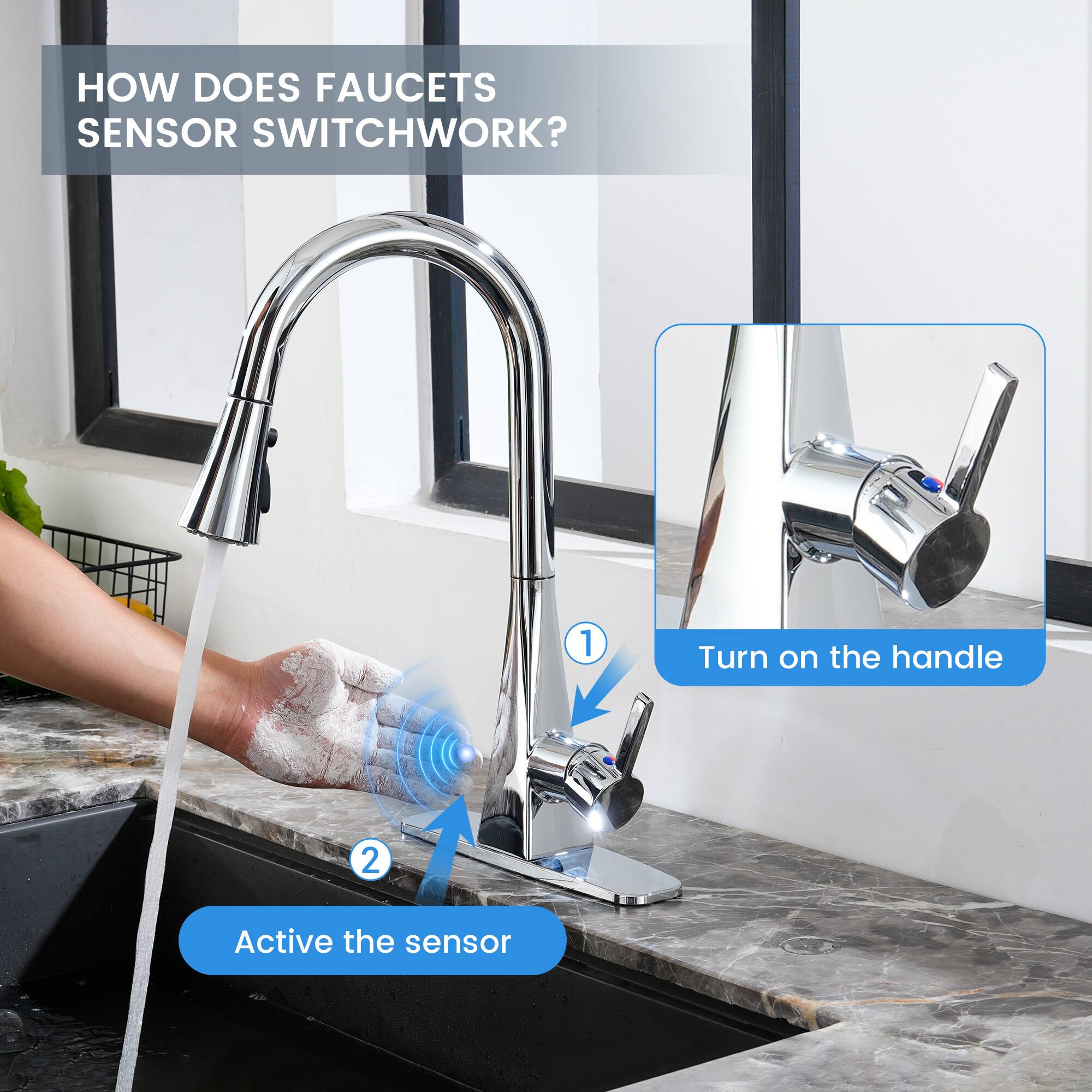 HOW DOES FAUCETS SENSOR SWITCH WORK?

1. Turn on the handle
2. Activate the sensor