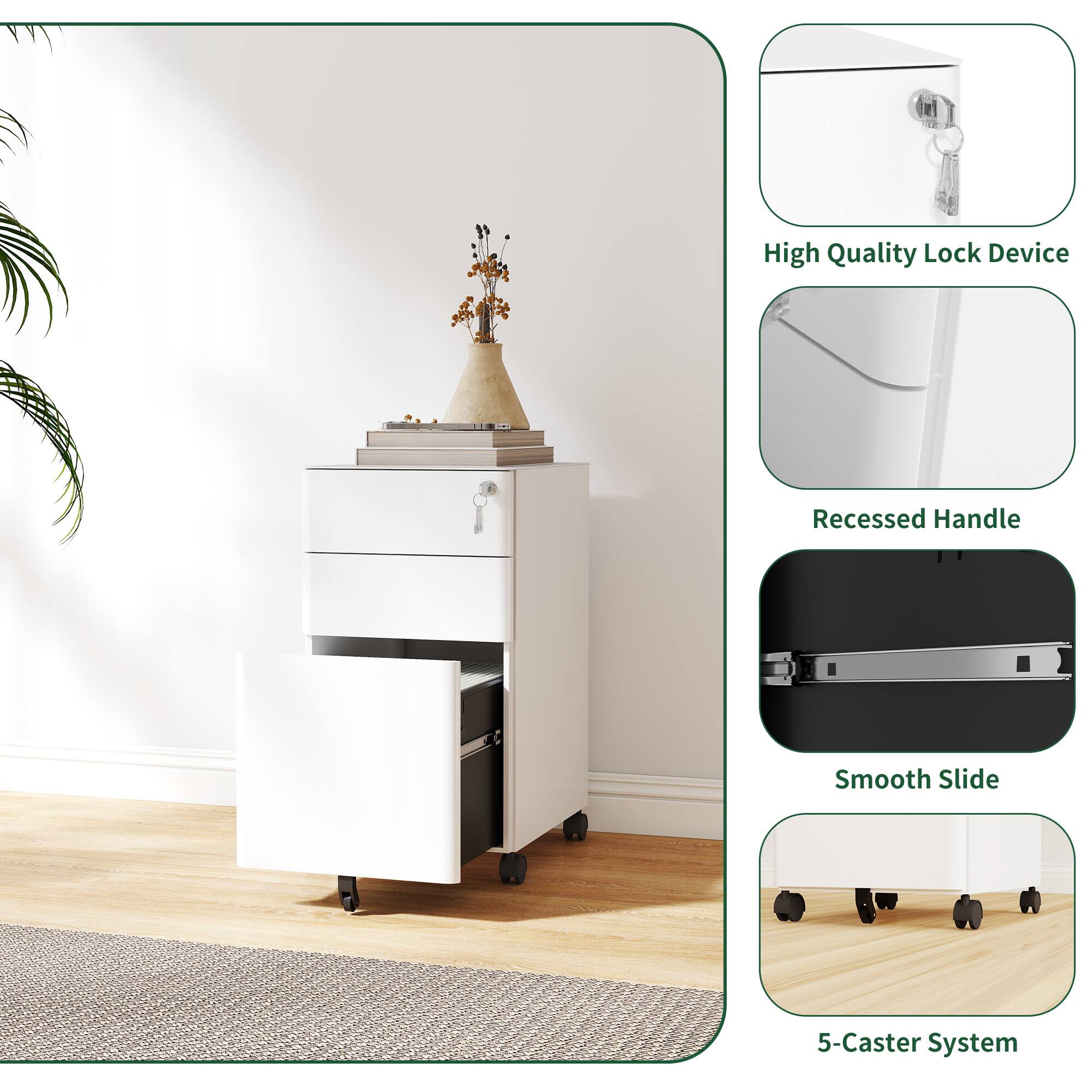 High Quality Lock Device  
Recessed Handle  
Smooth Slide  
5-Caster System