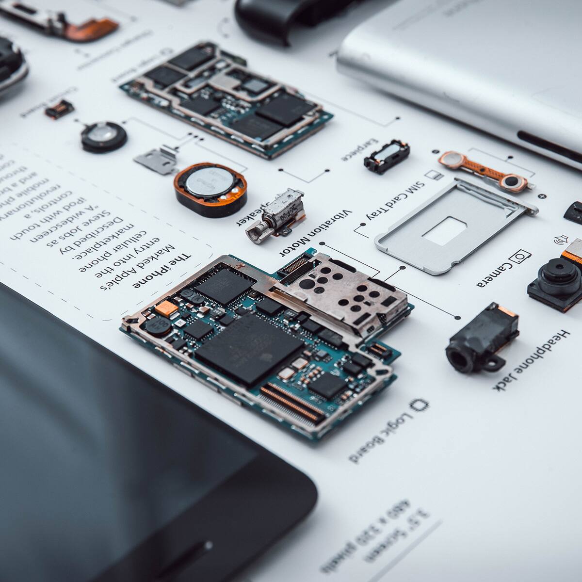 The text on the image can be grouped and corrected as follows:

- "e gon - and pe mobile revolutionary ph controls, iPod "A 9 with Steve touch widescreen 26 Jobs Described cellular entry by Marked phone into The the Apple's iPhone Earpiece SIM Card eaker Vibration Tray Motor Logic Board A O O Camera Headphone Jack"

Corrected:
- "e gon - and pe mobile revolutionary phone controls, iPod touch 9 with Steve Jobs Described cellular entry by Marked into The Apple's iPhone Earpiece SIM Card Vibration Tray Motor Logic Board Camera Headphone Jack"

Additional text from the image:
- "Vibration Tray Motor"
- "SIM Card"
- "Earpiece"
- "Headphone Jack"
- "Camera"
- "Logic Board"
- "Battery"
- "Power Button"
- "Volume Button"
- "Home Button"
- "Front Camera"
- "Speaker"
- "Wi-Fi Antenna"
- "Bluetooth Antenna"
- "GPS Antenna"
- "SIM Card Slot"
- "Battery Connector"
- "Power Connector"
- "Camera Connector"
- "Headphone Jack Connector"
- "SIM Card Connector"
- "Vibration Motor Connector"
- "Logic Board Connector"
- "Wi-Fi Antenna Connector"
- "Bluetooth Antenna Connector"
- "GPS Antenna Connector"
- "Front Camera Connector"
- "Speaker Connector"
- "Power Button Connector"
- "Volume Button Connector"
- "Home Button Connector"
- "SIM Card Slot Connector"
- "Battery Connector"
- "Power Connector"
- "Camera Connector"
- "Headphone Jack Connector"
- "SIM Card Connector"
- "Vibration Motor Connector"
- "Logic Board Connector"
- "Wi-Fi Antenna Connector"
- "Bluetooth Antenna Connector"
- "GPS Antenna Connector"
- "Front Camera Connector"
- "Speaker Connector"
- "Power Button Connector"
- "Volume Button Connector"
- "Home Button Connector"
- "SIM Card Slot Connector"
- "Battery Connector"
- "Power Connector"
- "Camera Connector"
- "Headphone Jack Connector"
- "SIM Card Connector"
- "Vibration Motor Connector"
- "Logic Board Connector"
- "Wi-Fi Antenna Connector"
- "Bluetooth Antenna Connector"
- "GPS Antenna Connector"
- "Front Camera Connector"
- "Speaker Connector"
- "Power Button Connector"
- "Volume Button Connector"
- "Home Button Connector"
- "SIM Card Slot Connector"
-