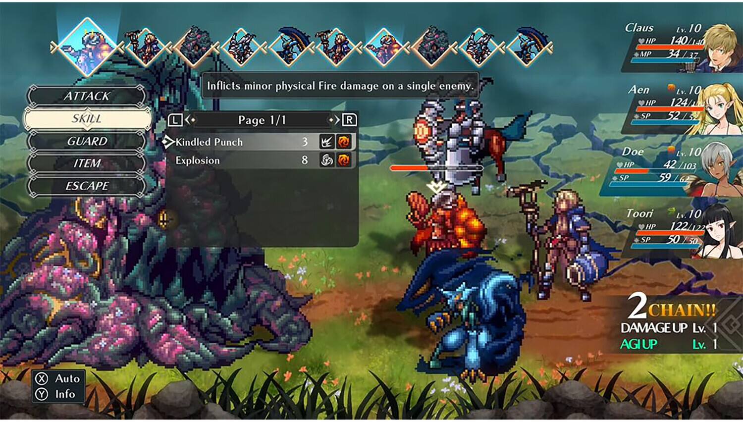 Claus Lv. 10  
HP 140/140  
MP 34/37  
ATTACK  
SKILL  
GUARD  
ITEM  
ESCAPE  
Inflicts minor physical Fire damage on a single enemy.  

L Page 1/1 R  

Kindled Punch 3  
Explosion 8  

Aen Lv. 10  
HP 124/124  
SP 52/52  

Doe Lv. 10  
HP 42/103  
SP 59/59  

Toori Lv. 10  
HP 122/122  
SP 50/50  

2 CHAIN!!  
DAMAGE UP Lv. 1  
AGI UP Lv. 1  

Auto  
Info