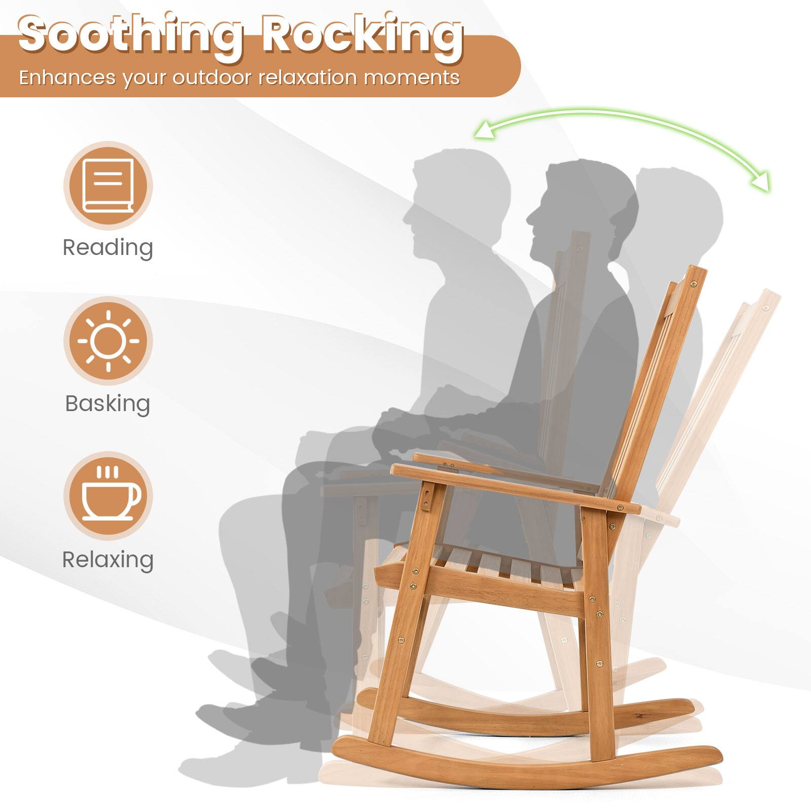 Soothing Rocking Enhances your outdoor relaxation moments

Reading
Basking
Relaxing