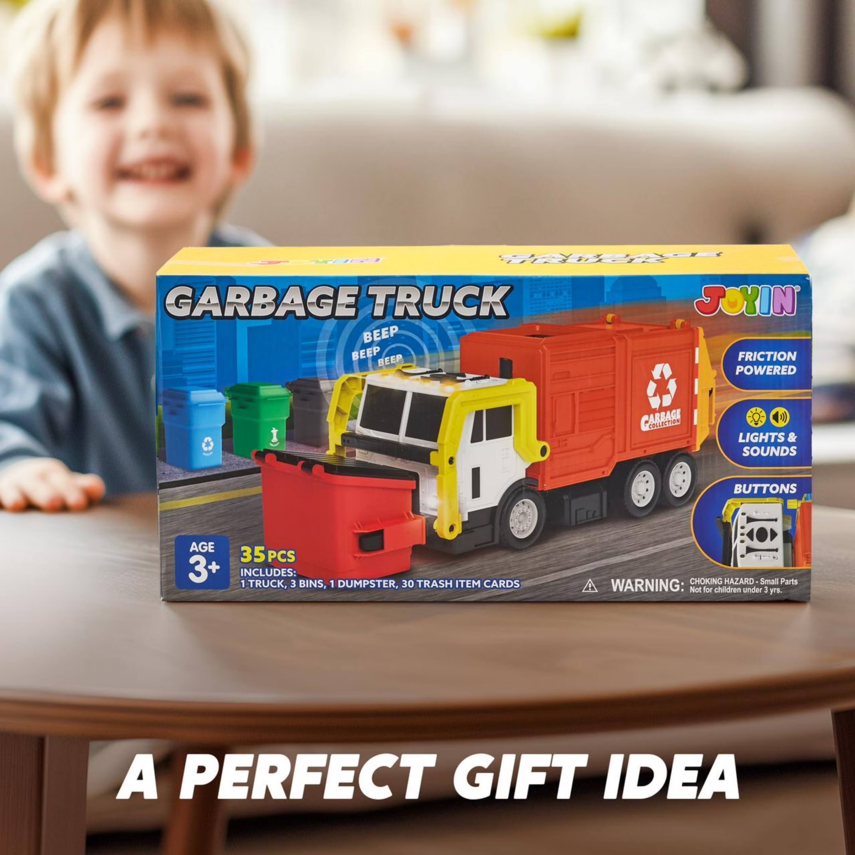 GARBAGE TRUCK JOYIN BEEP BEEP REEP FRICTION POWERED ARRAGE CALeTe LIGHTS & SOUNDS BUTTONS AGE 35PCS 3+ INCLUDES: 1 TRUCK, 3 BINS, 1 DUMPSTER, 30 TRASH ITEM CARDS CHOKING HAZARD Small Parts WARNING: Not for children under 3 yrs. A PERFECT GIFT IDEA