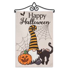 G128 - Garden Flag Hanger 14in with 12x18in Double-Sided Halloween Gnome Flag - Orange, Black, Yellow