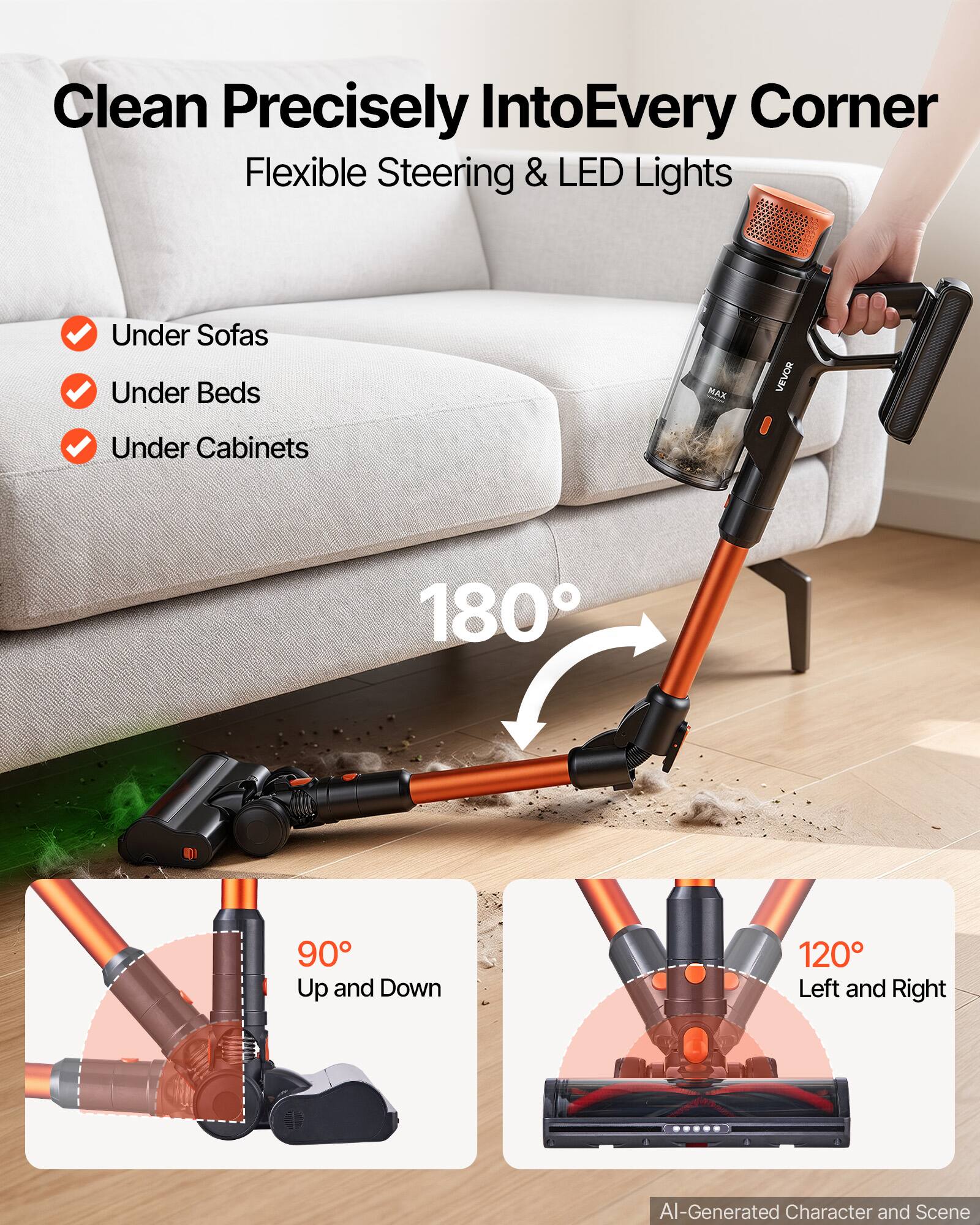 Clean Precisely Into Every Corner  
Flexible Steering & LED Lights  

Under Sofas  
Under Beds  
Under Cabinets  

180°  
90° Up and Down  
120° Left and Right  

AI-Generated Character and Scene