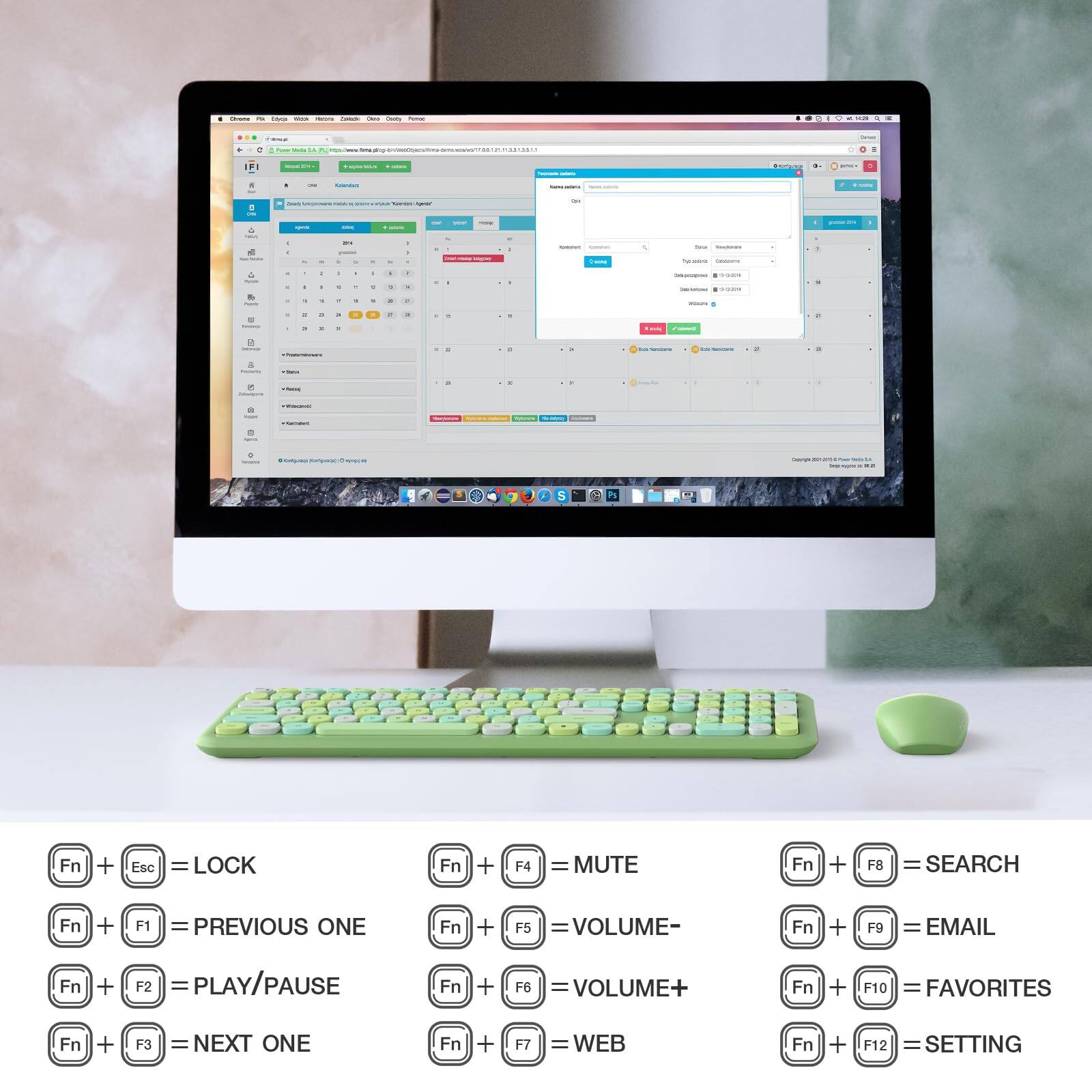 Fn + Esc = LOCK  
Fn + F1 = PREVIOUS ONE  
Fn + F2 = PLAY/PAUSE  
Fn + F3 = NEXT ONE  
Fn + F4 = MUTE  
Fn + F5 = VOLUME-  
Fn + F6 = VOLUME+  
Fn + F7 = WEB  
Fn + F8 = SEARCH  
Fn + F9 = EMAIL  
Fn + F10 = FAVORITES  
Fn + F12 = SETTING