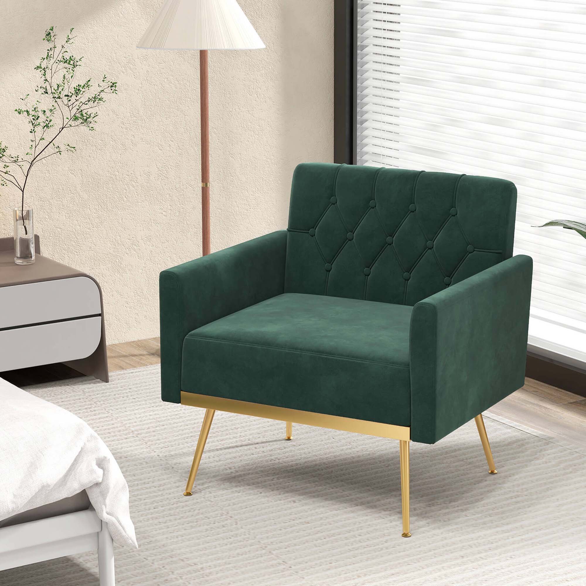 Alt View 11. Costway - Modern Velvet Button Tufted Back Accent Chair with Golden Metal Legs and Foot Pads - Dark Green.