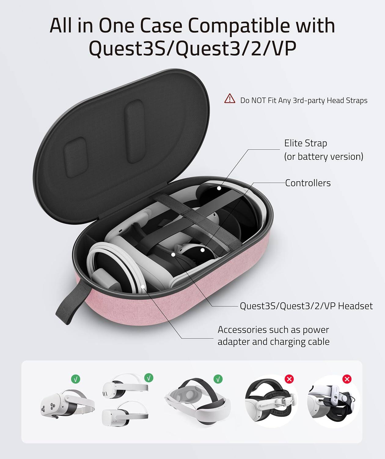 All in One Case Compatible with Quest3S/Quest3/2/VP

Do NOT Fit Any 3rd-party Head Straps

Elite Strap (or battery version)

Controllers

Quest3S/Quest3/2/VP Headset

Accessories such as power adapter and charging cable

✓ Quest3S/Quest3/2/VP Headset
✓ Accessories such as power adapter and charging cable
✗ Elite Strap (or battery version)
✗ Any 3rd-party Head Straps