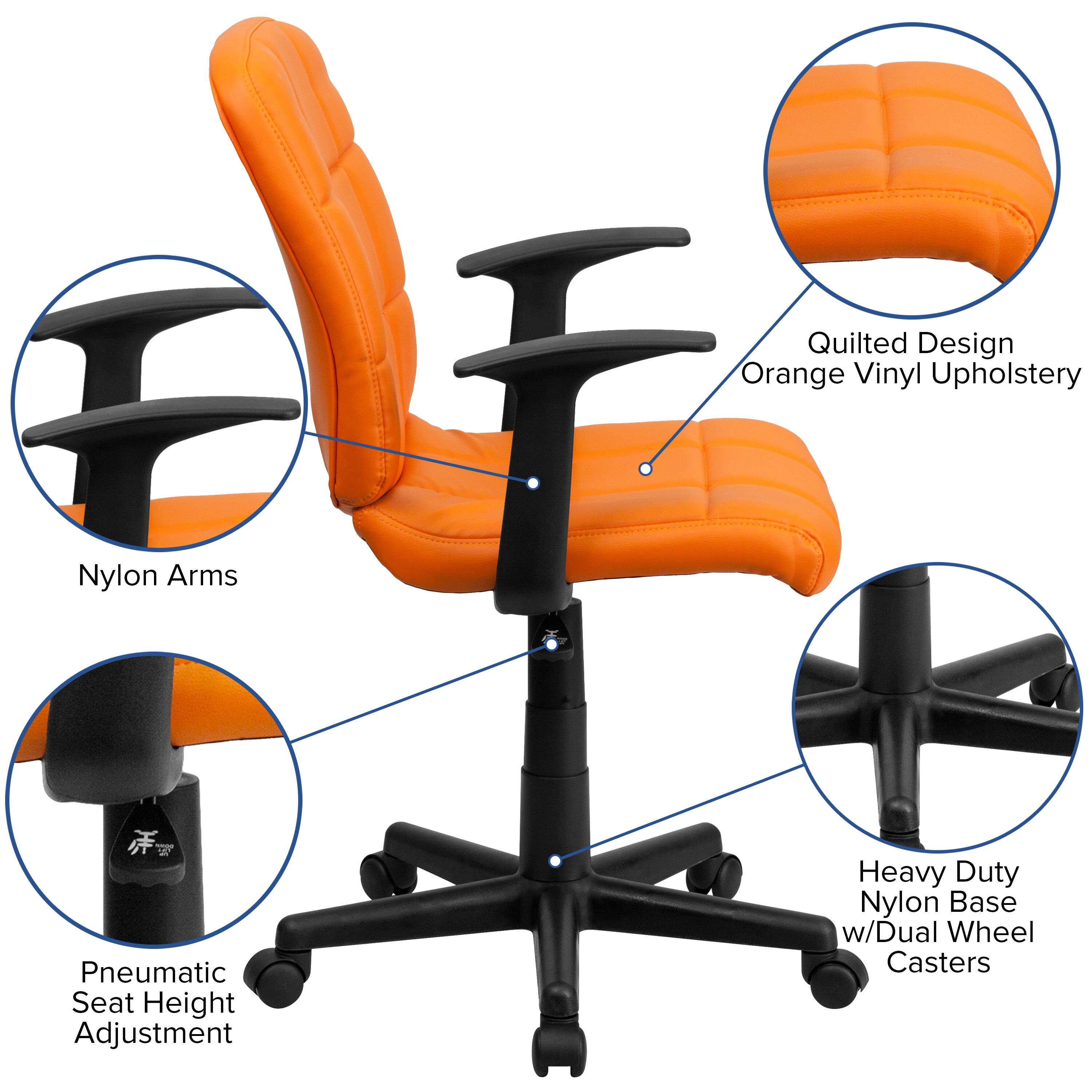 Quilted Design  
Orange Vinyl Upholstery  
Nylon Arms  
Pneumatic Seat Height Adjustment  
Heavy Duty Nylon Base w/Dual Wheel Casters