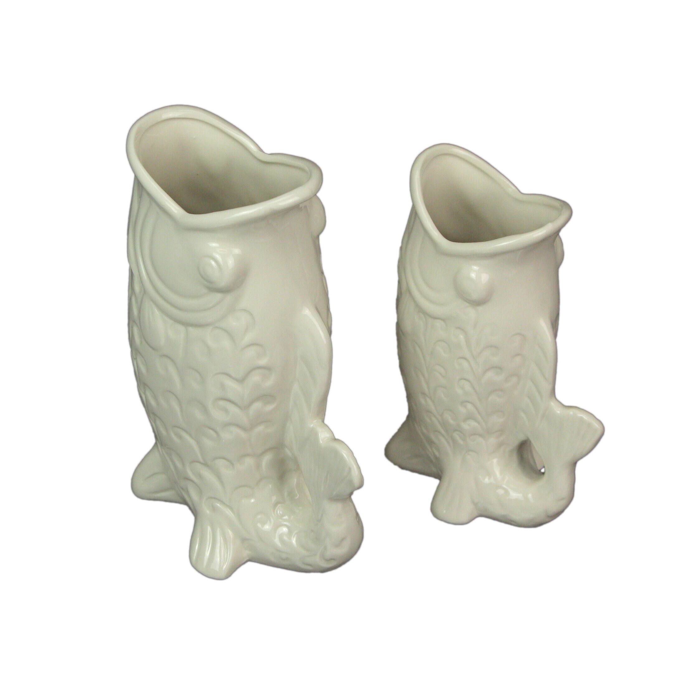 Alt View 5. Zeckos - White Fish Decorative Vases Set of 2 Ceramic Coastal Tabletop 8.5in and 7in - White.