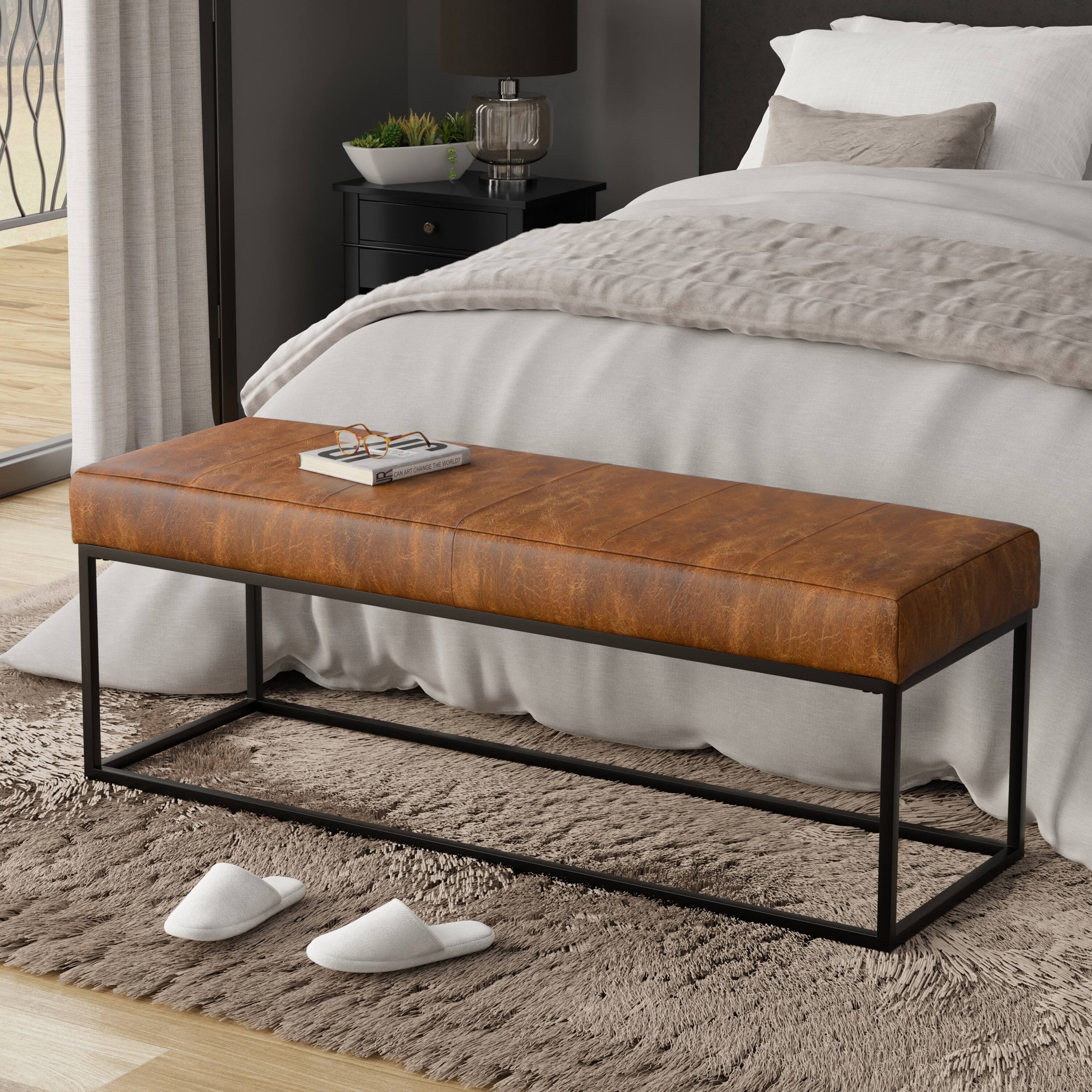 Angle. Simpli Home - Candice 56 inch Wide Rectangle Ottoman Bench in Tan Genuine Leather - Tan.