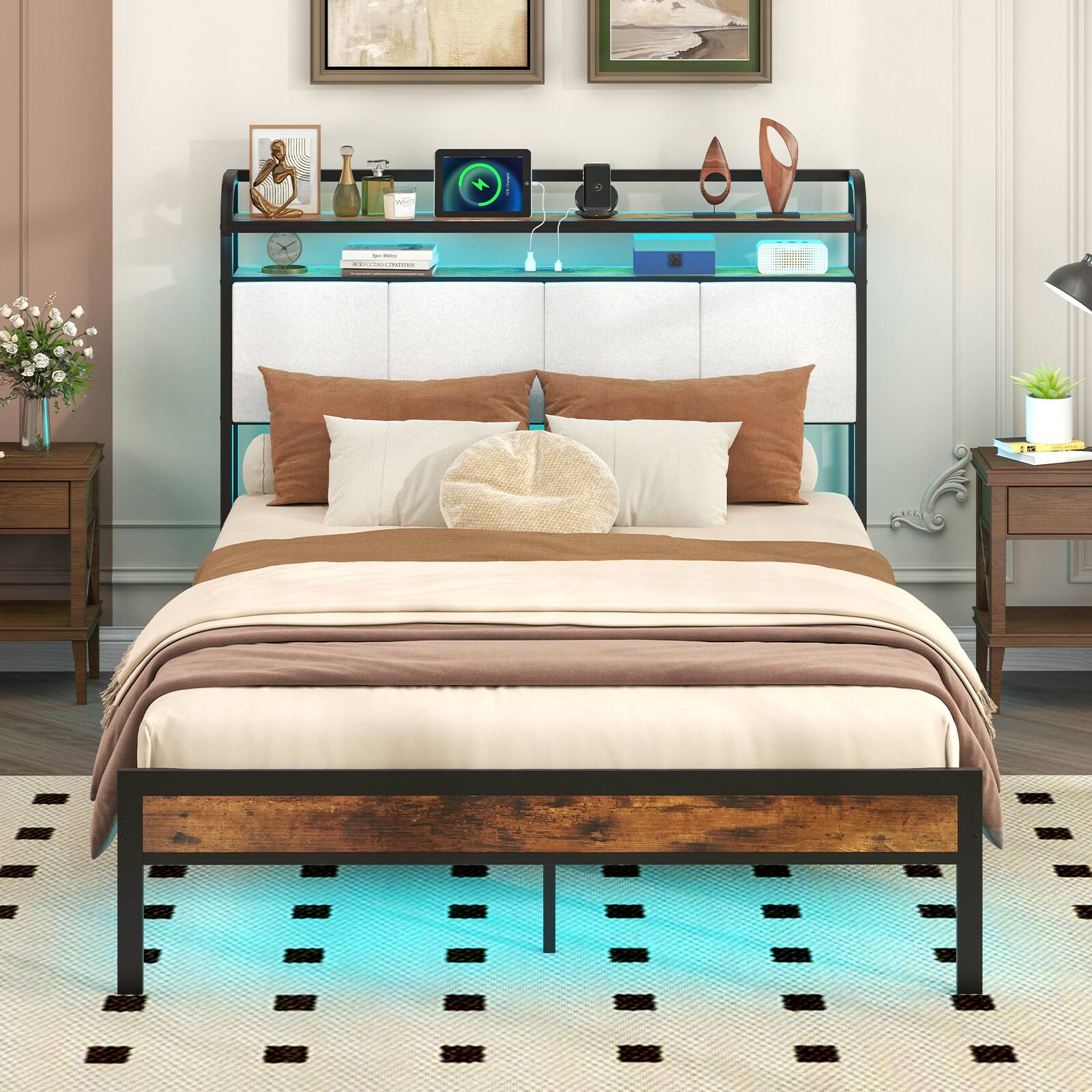 Alt View 3. Gymax - Gymax Full Size Bed Frame w/LED Light & Charging Station Heavy Duty Metal Platform Bed - Rustic Brown, Black, Grey.