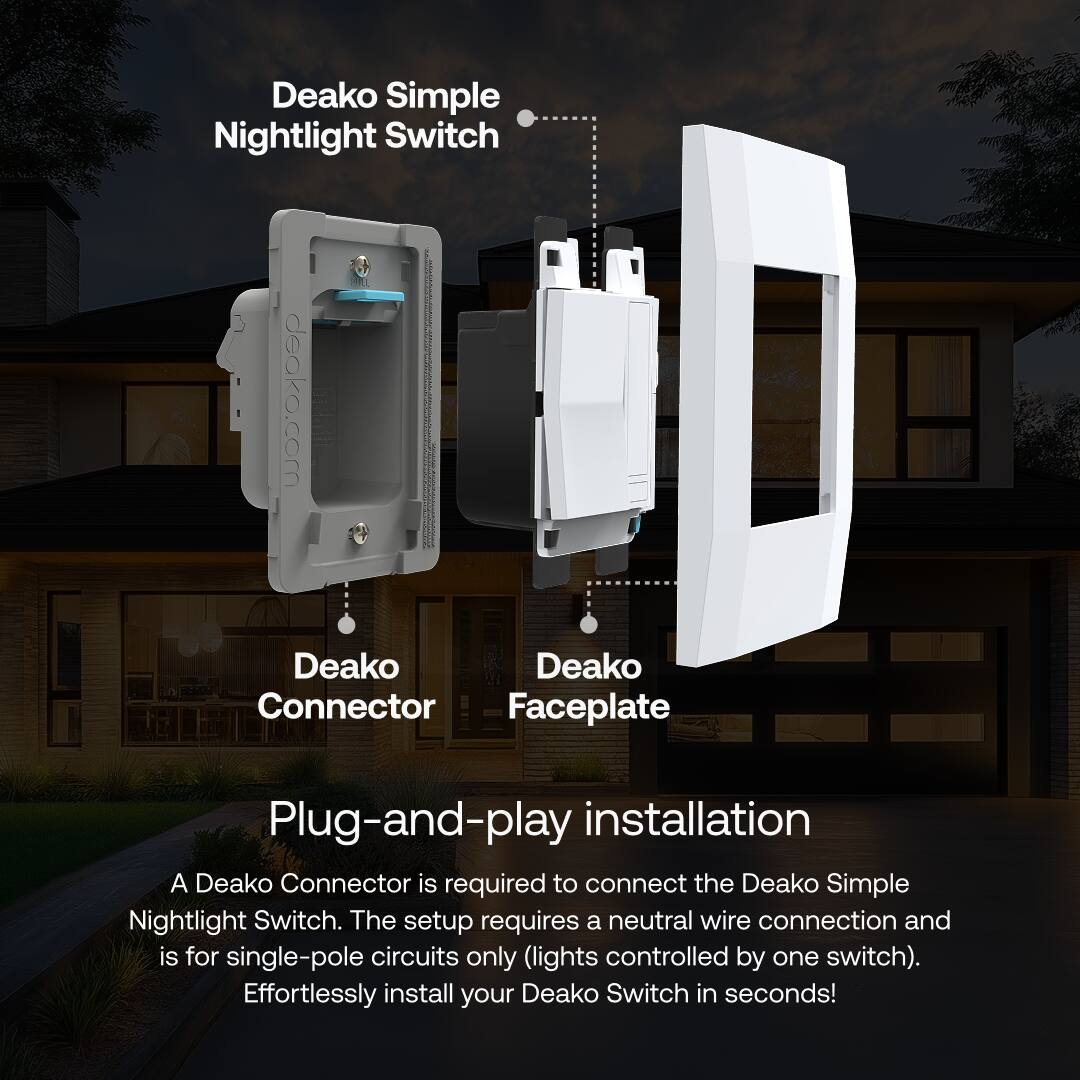 Deako Simple Nightlight Switch

Deako Connector  
Deako Faceplate

Plug-and-play installation

A Deako Connector is required to connect the Deako Simple Nightlight Switch. The setup requires a neutral wire connection and is for single-pole circuits only (lights controlled by one switch). Effortlessly install your Deako Switch in seconds!