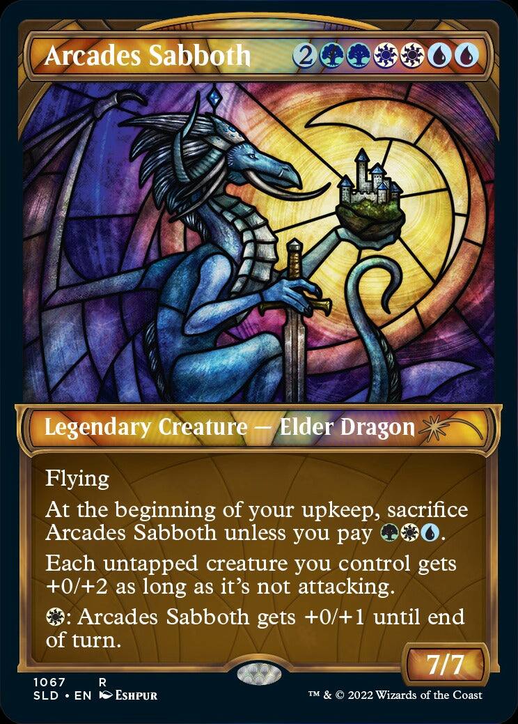 Arcades Sabboth  
2  
Legendary Creature - Elder Dragon  
Flying  
At the beginning of your upkeep, sacrifice Arcades Sabboth unless you pay {2}{U}{U}{B}.  
Each untapped creature you control gets +0/+2 as long as it's not attacking.  
Arcades Sabboth gets +0/+1 until end of turn.  
7/7  
1067  
R  
SLD • EN  
Eshpur  
TM & © 2022 Wizards of the Coast
