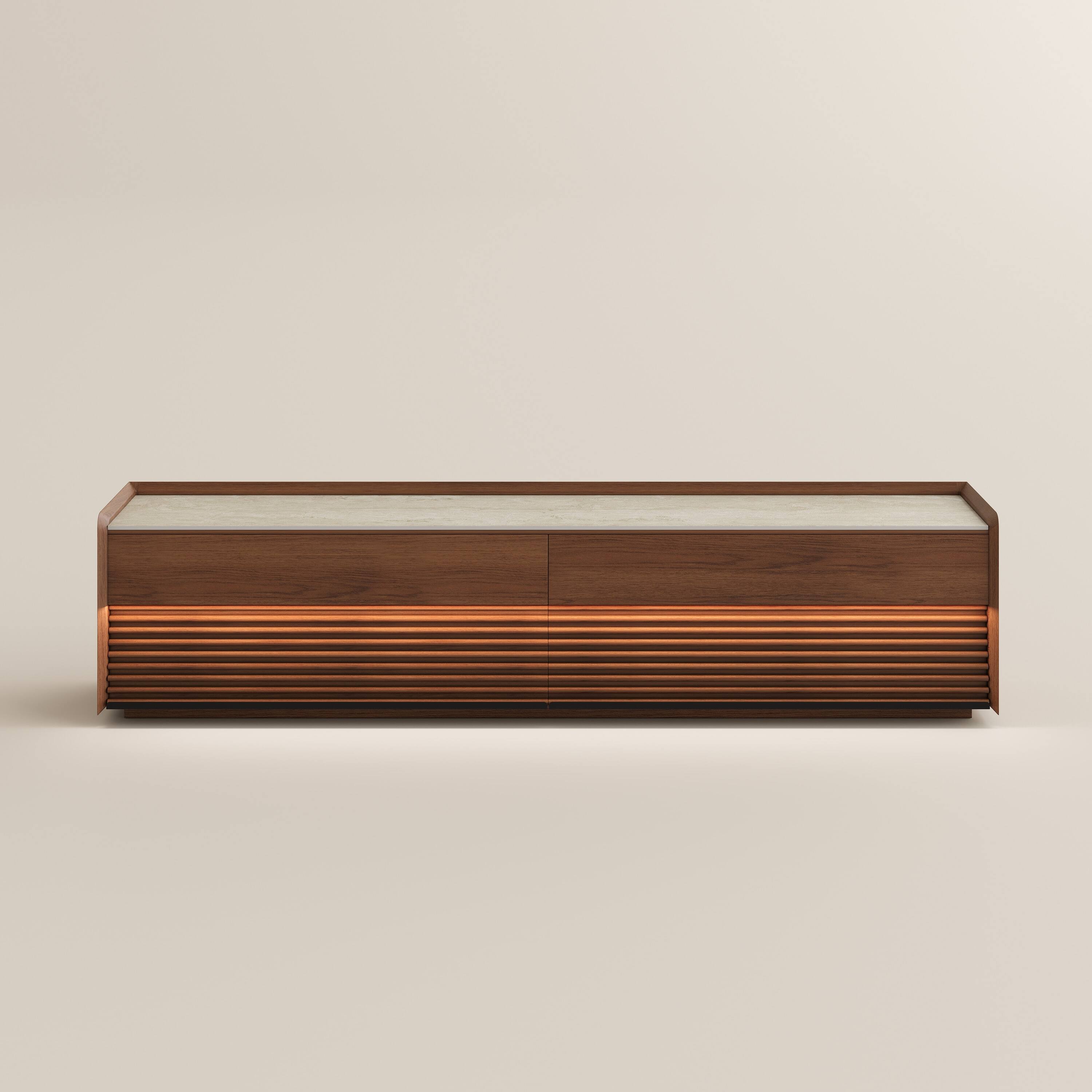 Alt View 7. POVISON - 79" Fully-Assembled Mid-Century Matte Sintered Stone Tabletop TV Stand, Walnut Color Cabinet with Adjustable Light - Glossy White & Walnut.