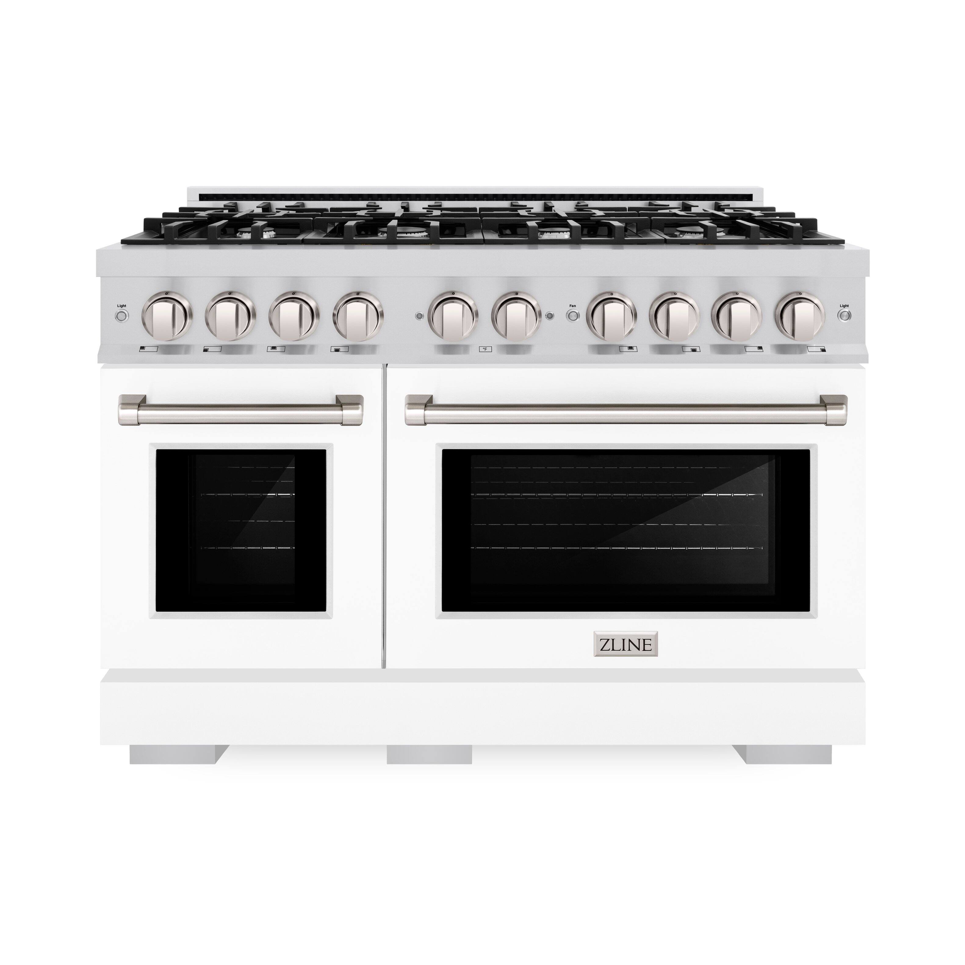 Angle. ZLINE - ZLINE 48 in. 6.7 cu. ft. Freestanding Select Double Oven Gas Range w/ 8 Burner Cooktop & White Matte Doors (HGR-WM-48) - Stainless Steel.