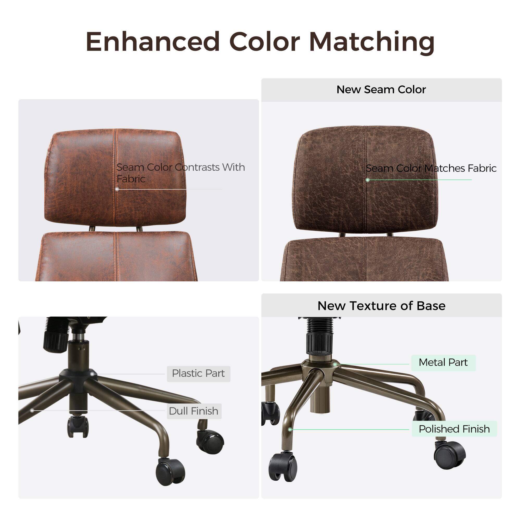 Enhanced Color Matching

New Seam Color
Seam Color Contrasts With Fabric
Seam Color Matches Fabric

New Texture of Base
Plastic Part
Metal Part
Dull Finish
Polished Finish