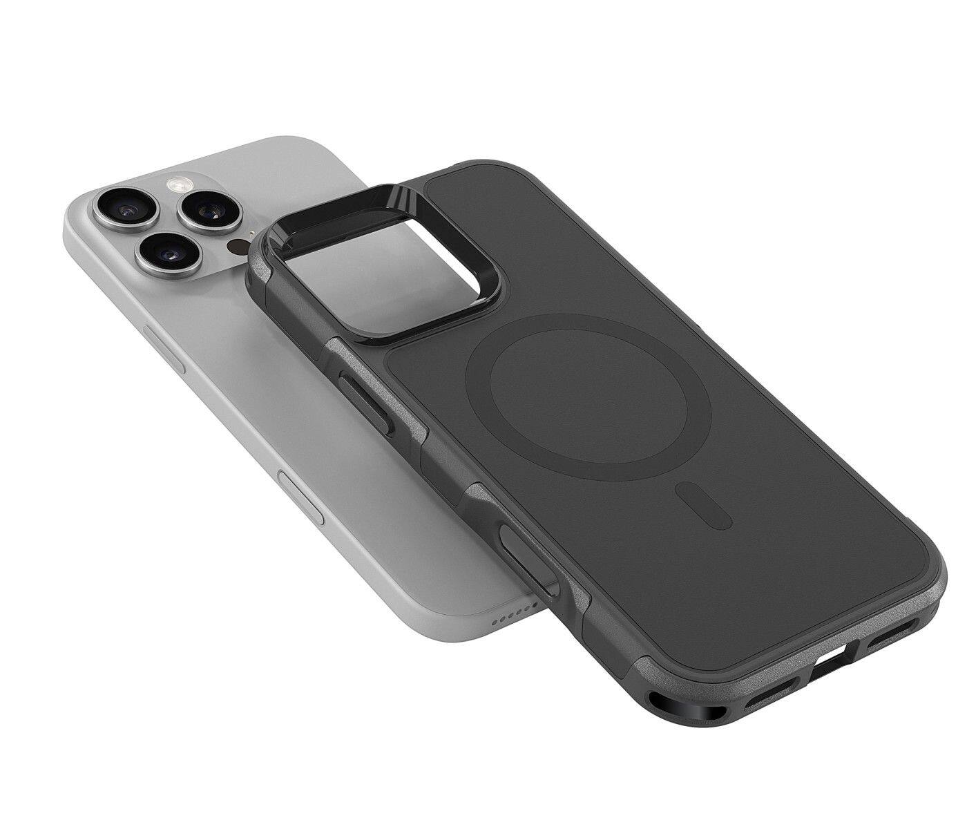 Left. BEARSOLIM - Dual Layer MagSafe Compatible Rugged Armor Protective Case made for iPhone 16 Pro - black.