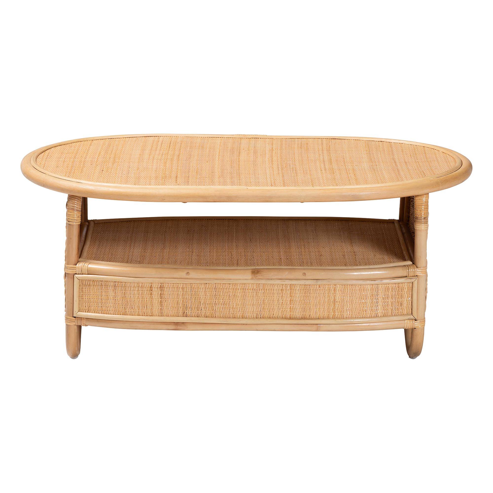 Back. bali & pari - bali & pari Dyna Natural Rattan Coffee Table with Open Shelf - Handwoven Wicker Accent Table with Oval Tabletop - Natural.