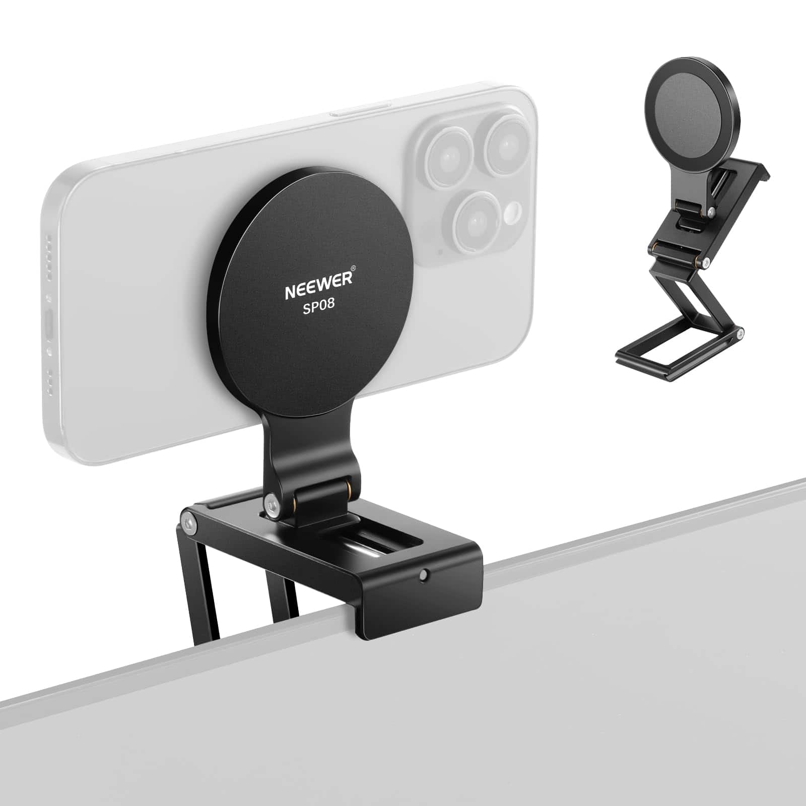 Neewer - Magnetic Tri-Fold Desktop Phone Mount - Continuity Camera Holder for Mac & MagSafe iPhone - Black