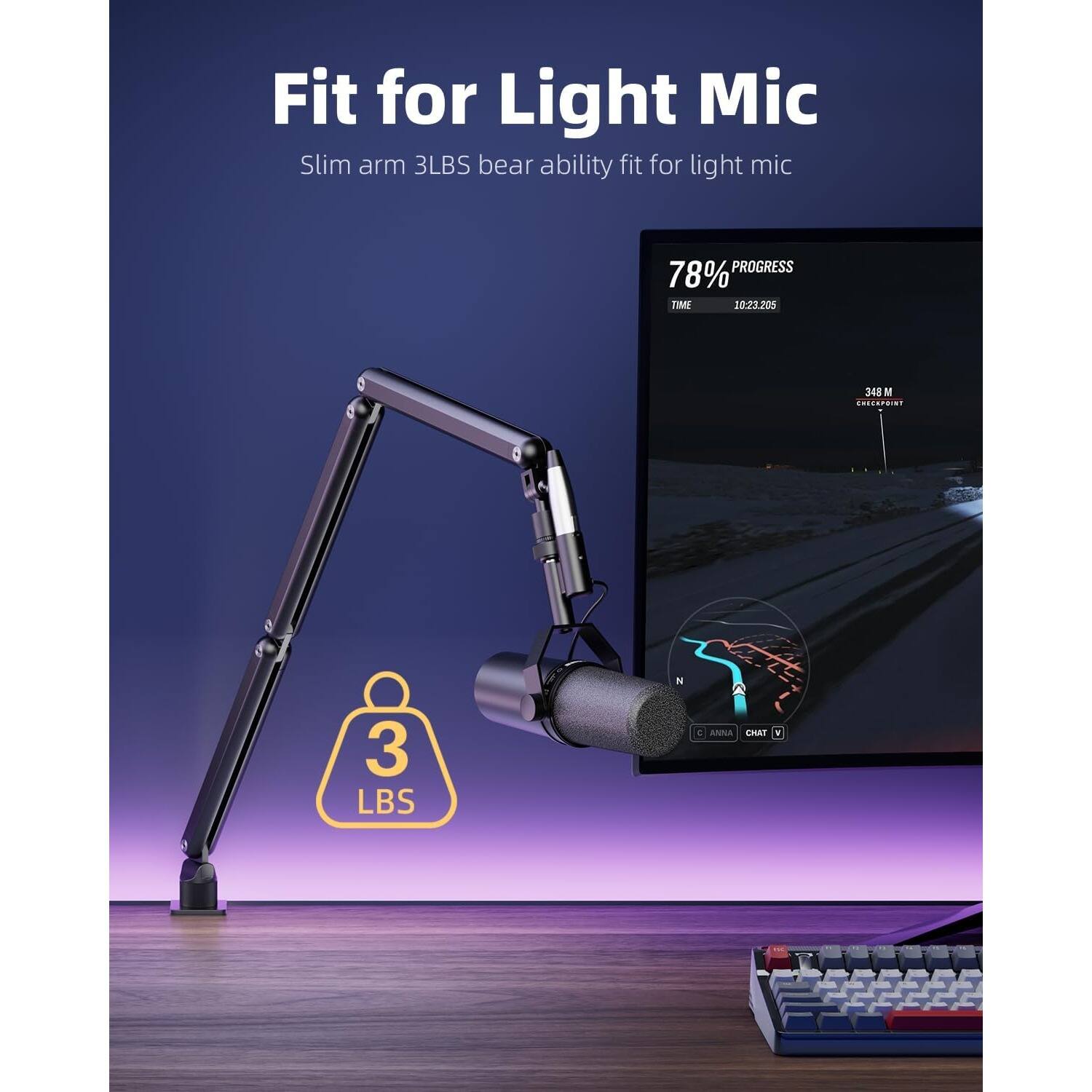 Fit for Light Mic  
Slim arm 3LBS bear ability fit for light mic  

78% PROGRESS  
TIME 10:23.205  
348 M CHECKPOINT  

3 LBS  

ANNA CHAT