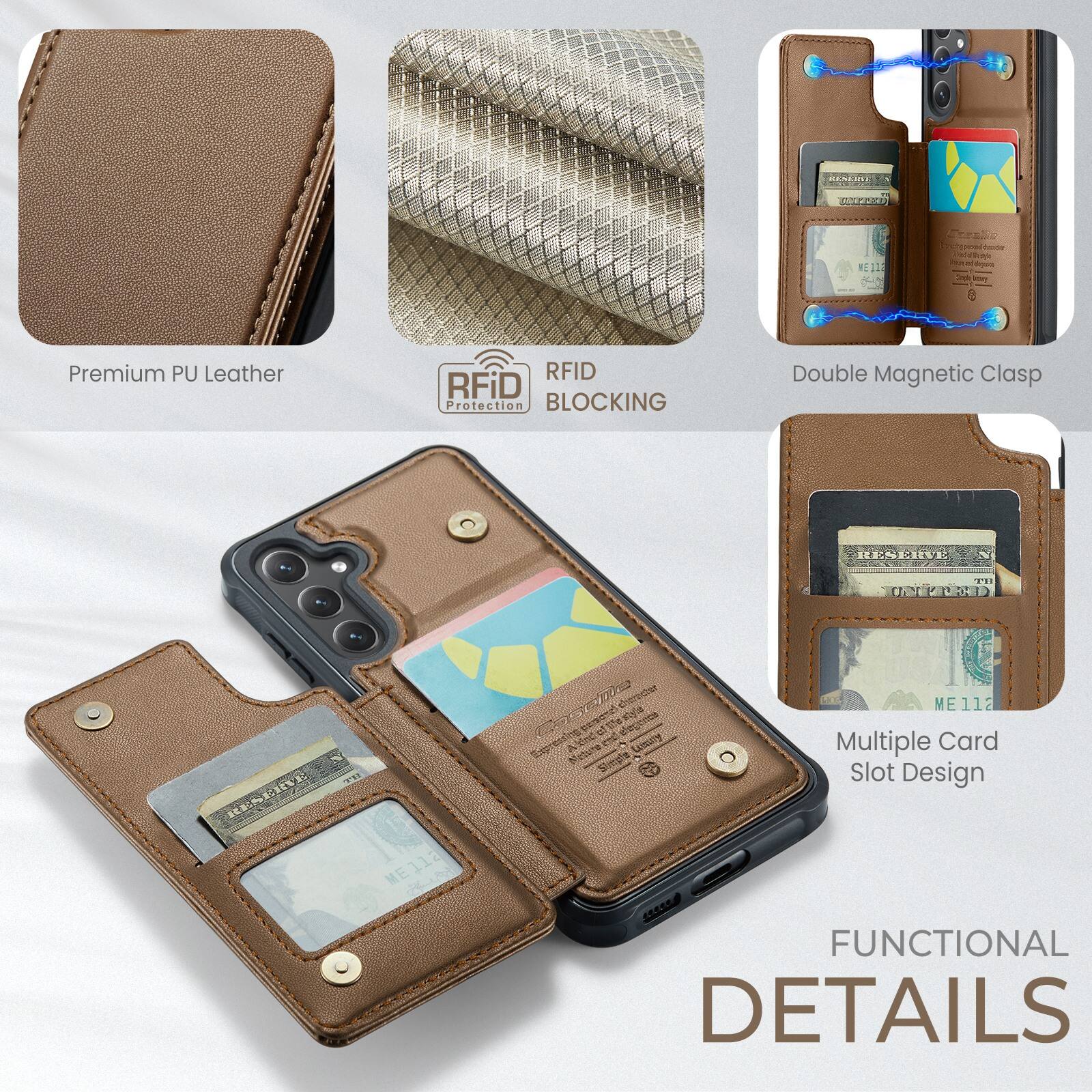 Premium PU Leather RFID Protection BLOCKING Double Magnetic Clasp Multiple Card Slot Design

FUNCTIONAL DETAILS