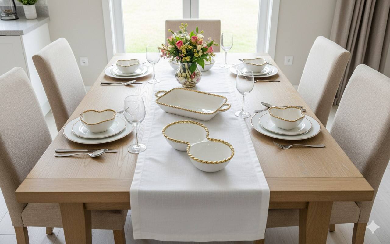 Left. Jiallo - 8.75" Contemporary Gold Bead Salad Bowl – Modern Decorative Serving Bowl with Beaded Rim - White.
