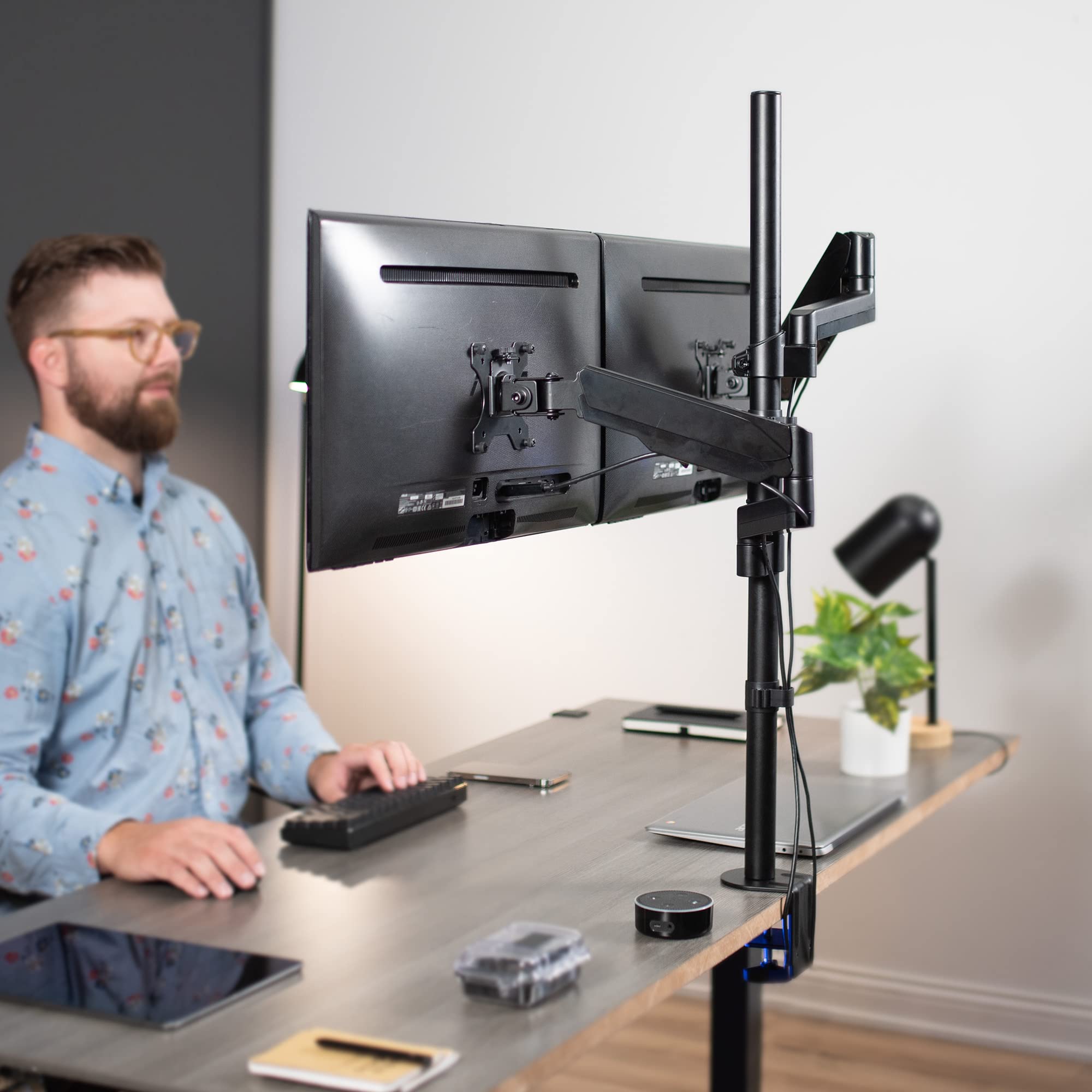 Left. Earthley Blooms - Dual Monitor Arm Extra Tall Mount Screens Up 32 Inches Pneumatic Height Adjustment Full Articulating Heavy - Black.