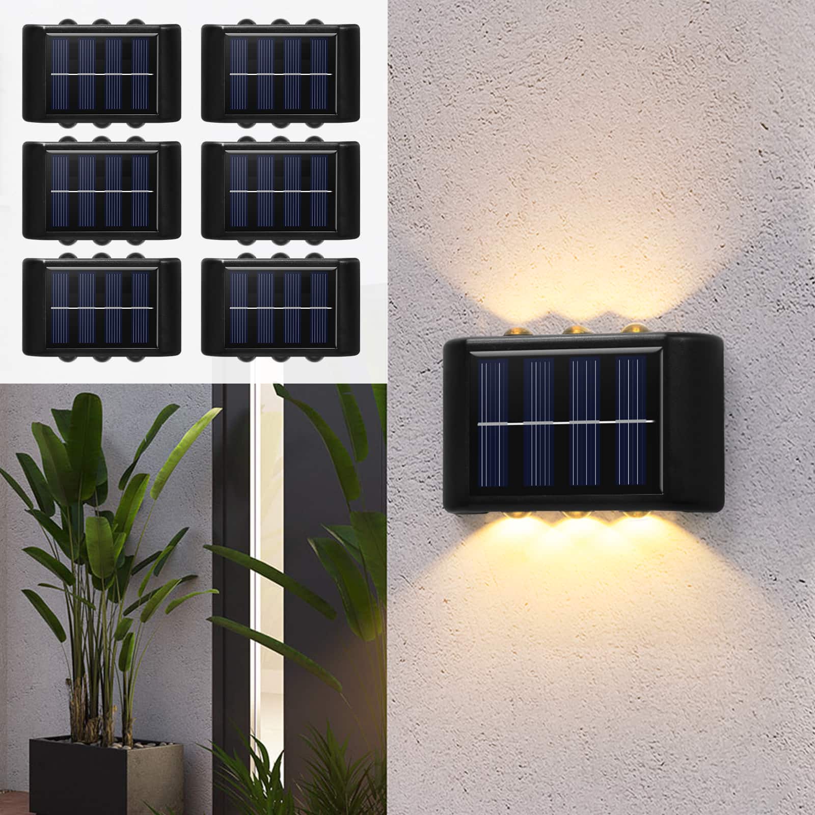 Oumilen - 6-Pack Solar Wall Washer Lights 3.5In Solar Panel 6LED Warm Light IP54 Waterproof Outdoor Lights
