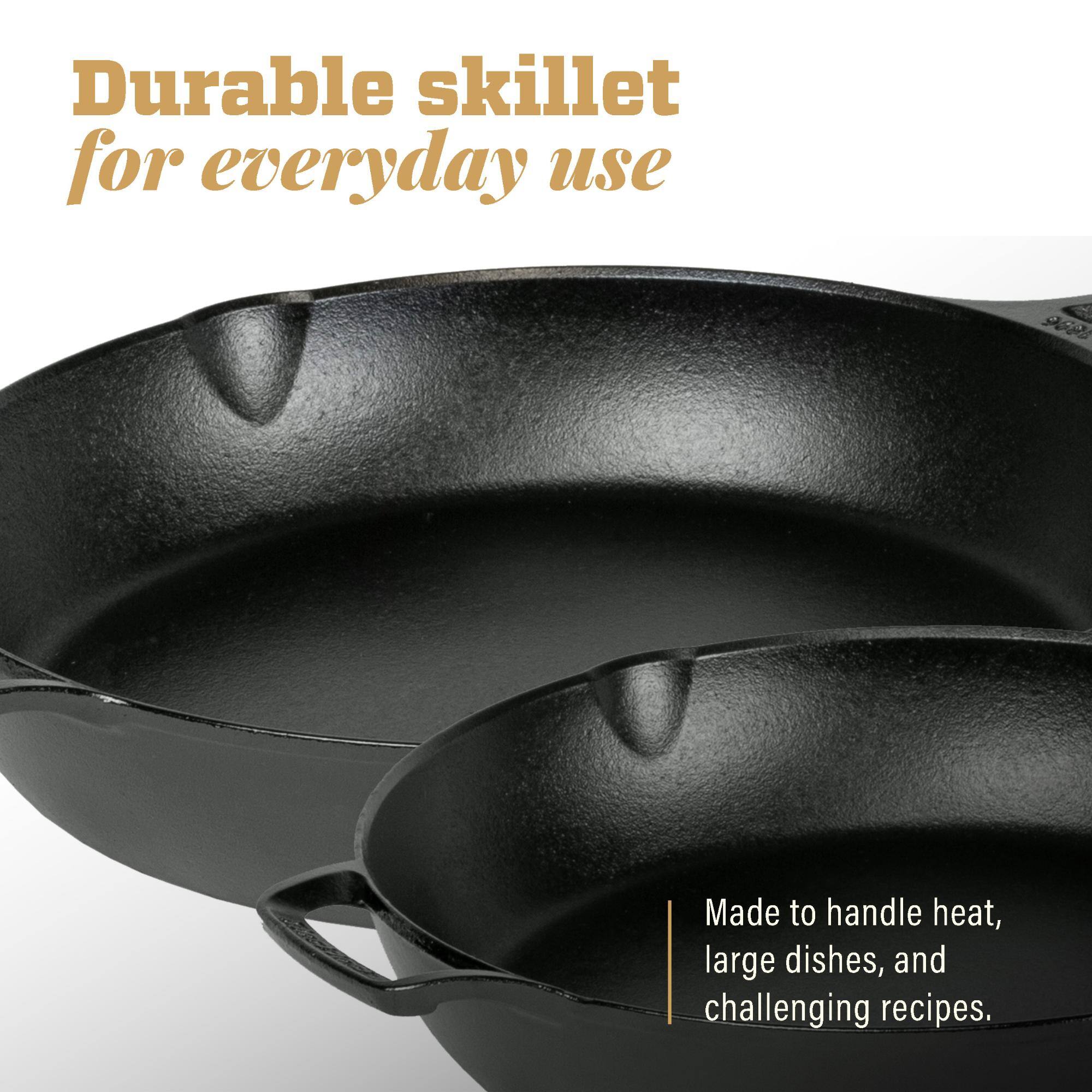 Durable skillet for everyday use. Made to handle heat, large dishes, and challenging recipes.