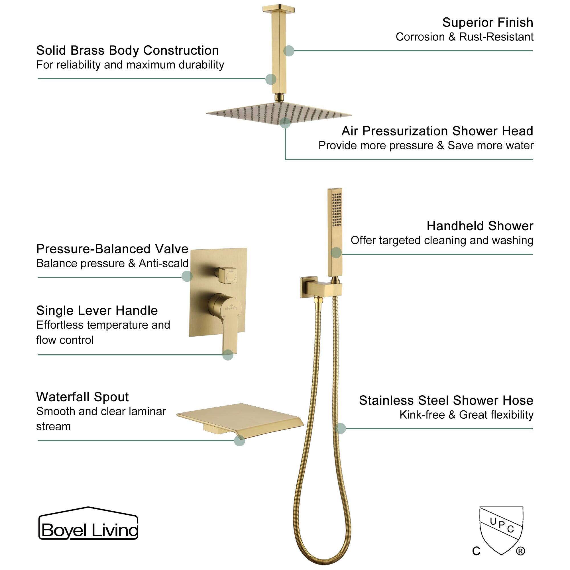 Solid Brass Body Construction, Superior Finish, Air Pressurization Shower Head, Pressure-Balanced Valve, Handheld Shower, Single Lever Handle, Waterfall Spout, Stainless Steel Shower Hose, Boyel Living, UPC C R