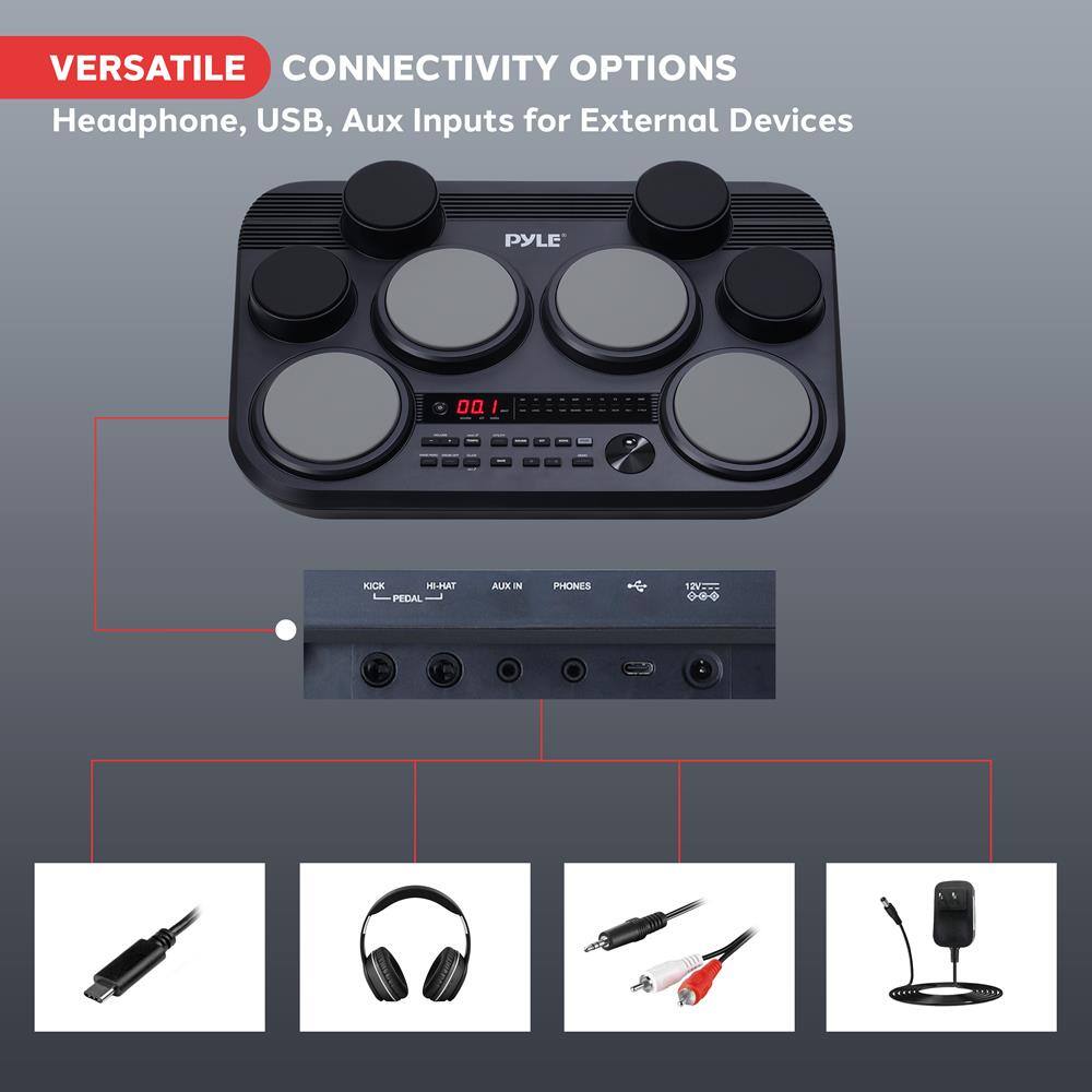 VERSATILE CONNECTIVITY OPTIONS  
Headphone, USB, Aux Inputs for External Devices  

PYLE 001 KICK HIHAT PEDAL AUX IN PHONES 2V