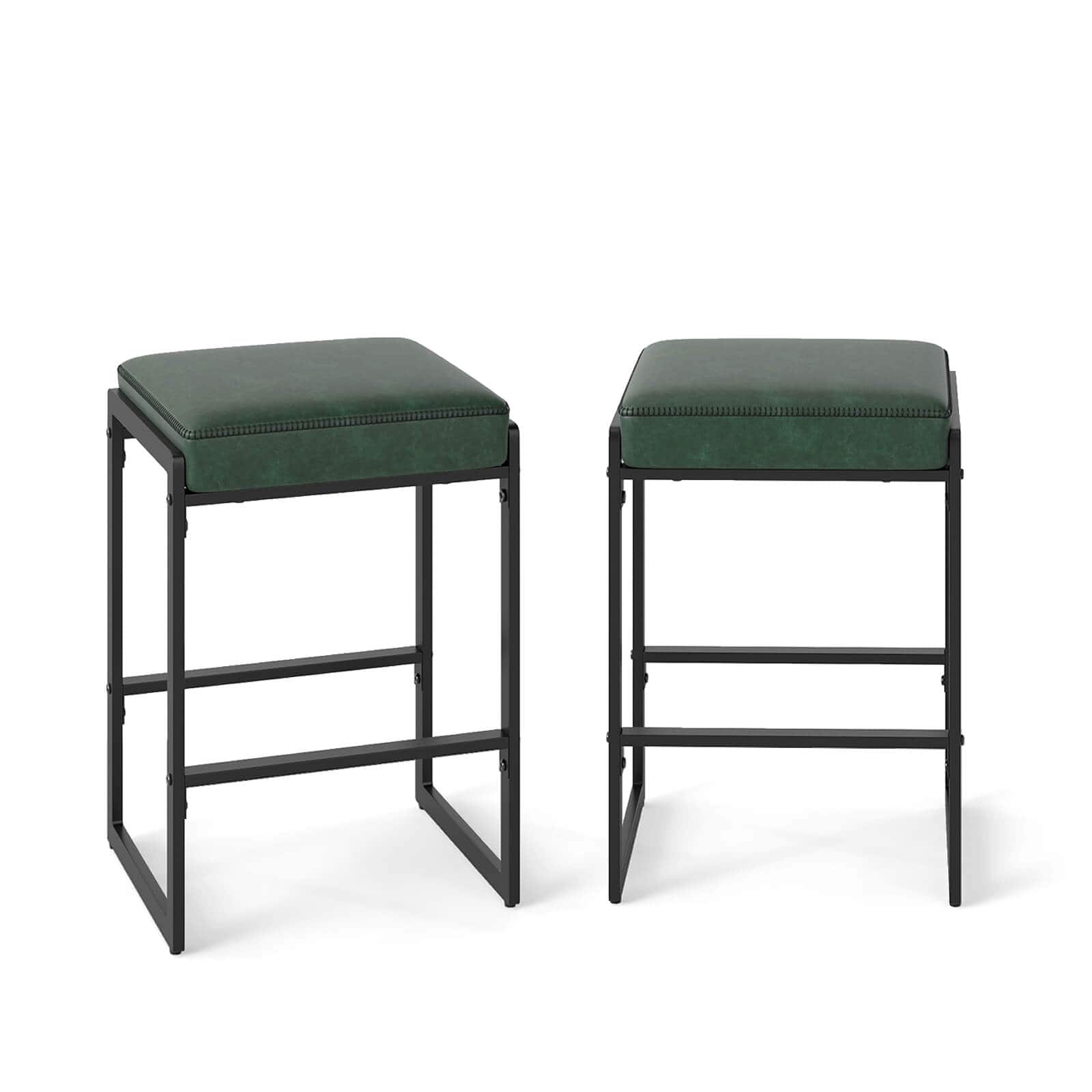 Costway - 26" Bar Stools Set of 2 with Faux Leather Upholstered Seat, Metal Legs, Footrests - Green + Black