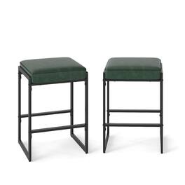 Costway - 26" Bar Stools Set of 2 with Faux Leather Upholstered Seat, Metal Legs, Footrests - Green + Black