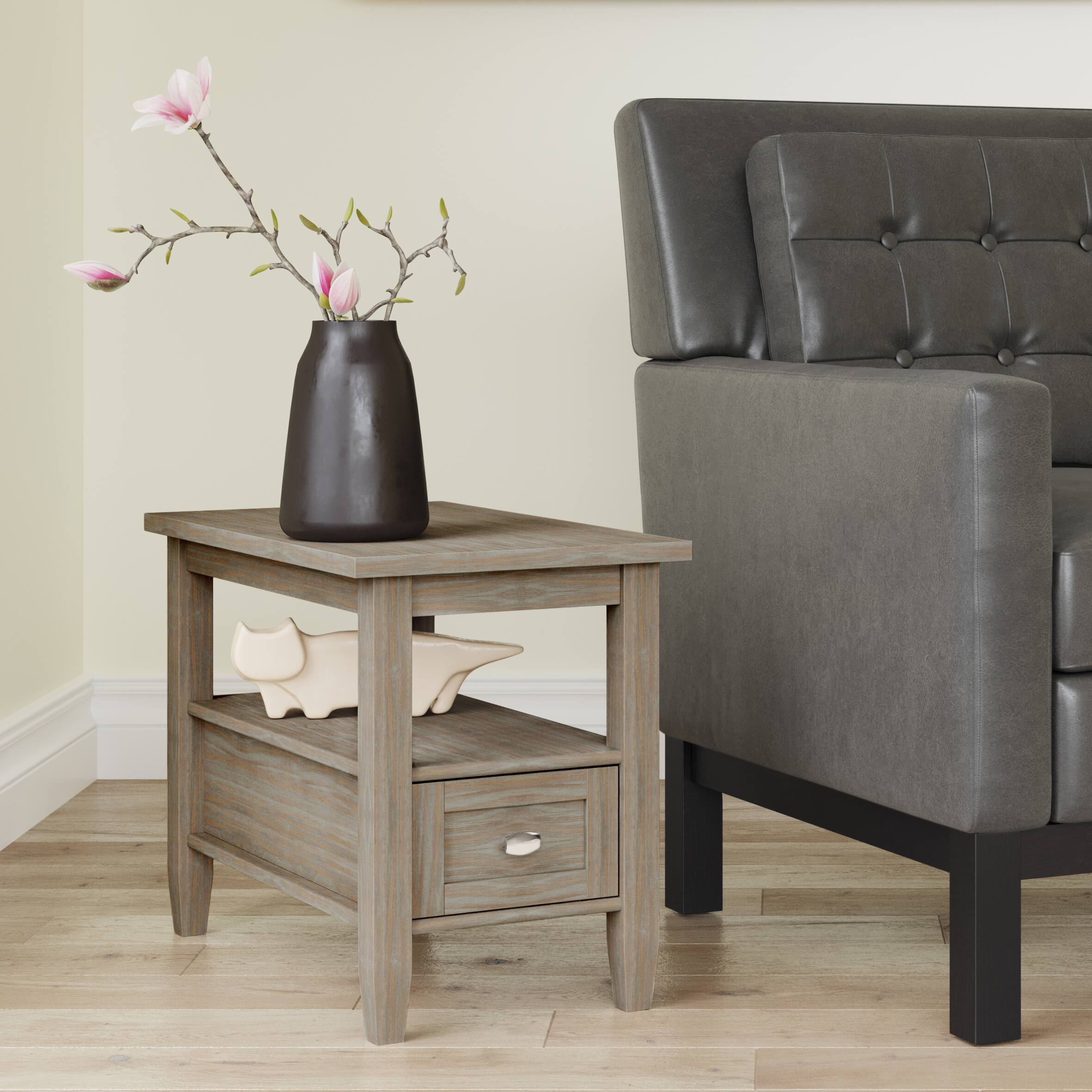 Angle. Simpli Home - Warm Shaker SOLID WOOD 14 inch Wide Rectangle Transitional Narrow Side Table in Distressed Grey - Distressed Grey.