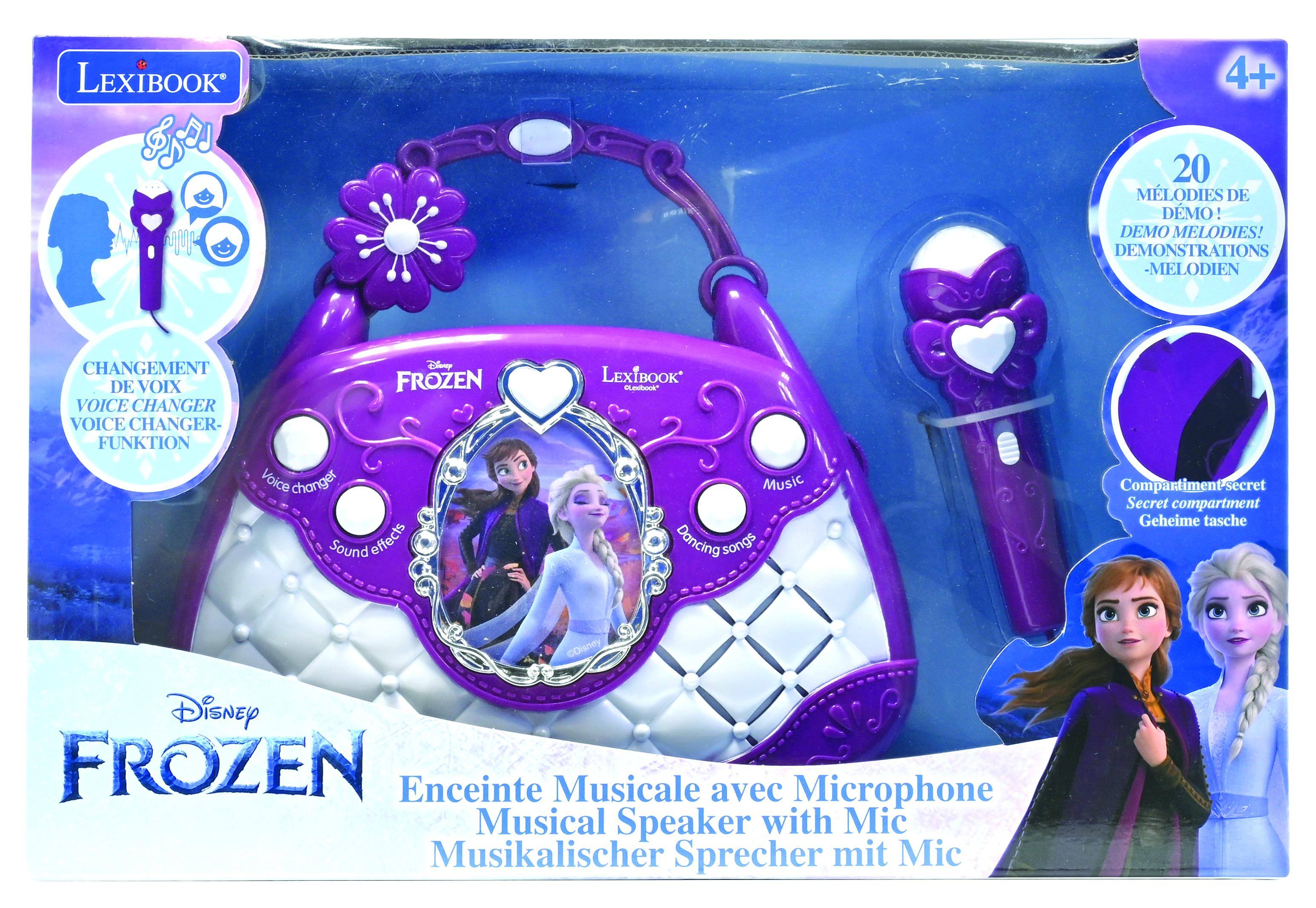 LEXIBOOK 4+  
20 MELODIES DE DEMO! DEMO MELODIES! DEMONSTRATIONS - MELODIEN  
CHANGEMENT DE VOIX FROZEN VOICE CHANGER VOICE CHANGER- FUNKTION  
Voice changer Sound effects  
LEXIBOOK  
Maters Music Dancing songs  
Compartiment secret Secret compartment Geheime tasche  
Disney FROZEN  
Enceinte Musicale avec Microphone Musical Speaker with Mic Musikalischer Sprecher mit Mic