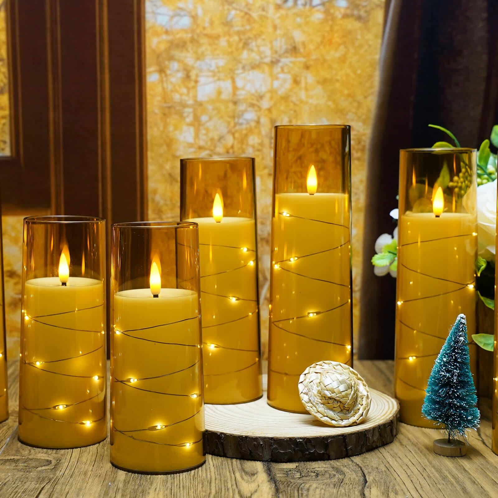Left. Dazzed Corner - Flameless LED Candles with Timer, 9 Pack Flickering Battery Operated Candles for Romantic Ambiance - Gold.