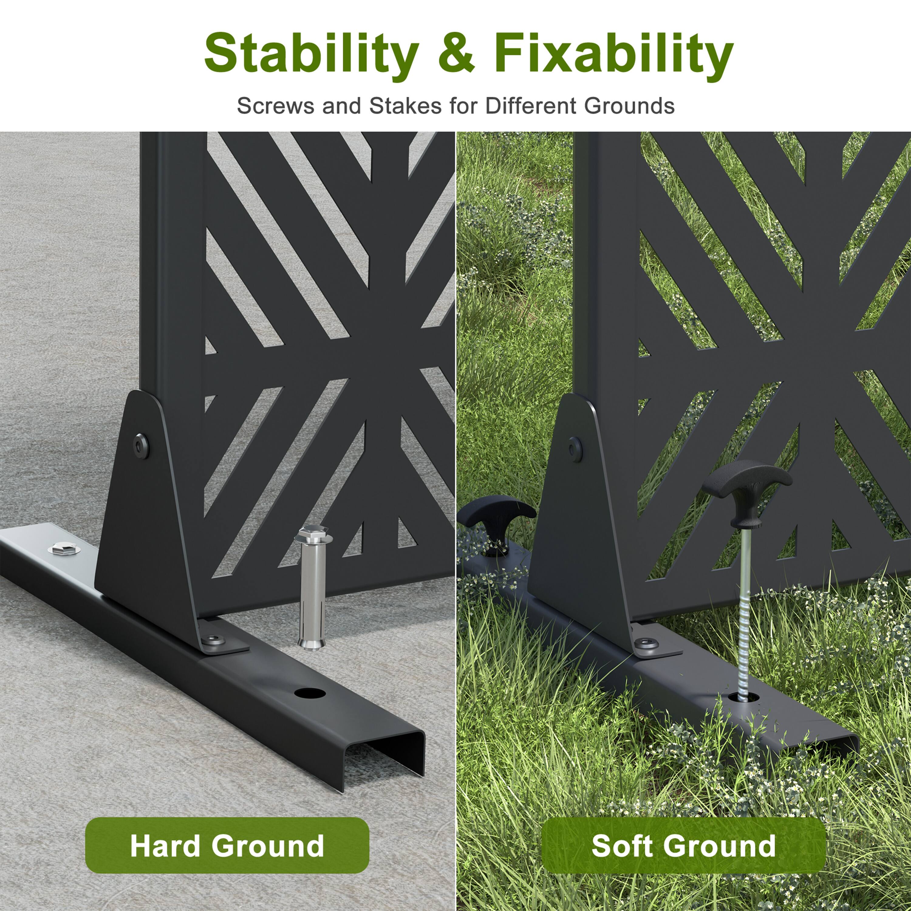 Stability & Fixability  
Screws and Stakes for Different Grounds  

Hard Ground  
Soft Ground