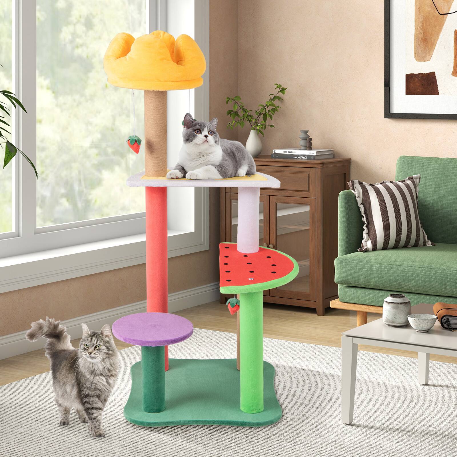 Alt View 3. Gymax - Gymax 45'' Tall Cat Tree w/ Plush Padded Top Perch Fruit-Shaped Platforms Dangling Balls - GYM16155.