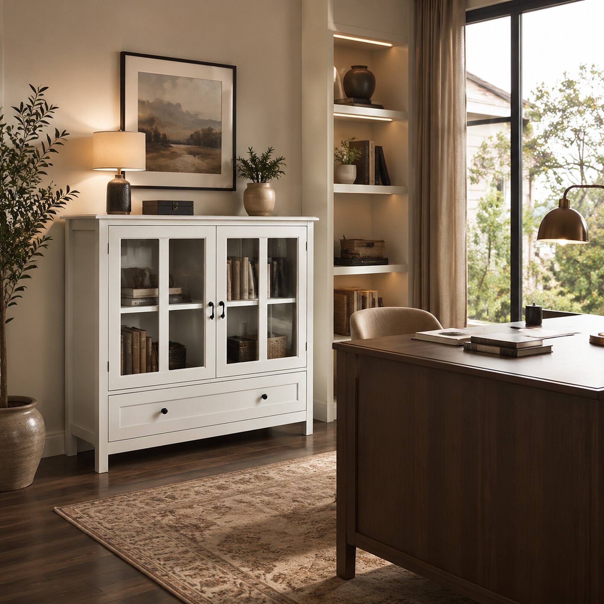 Left. RYHNUYNE - Freestanding Buffet Storage Cabinet with Double Glass Doors and Bell Handle, Dining Sideboard - White.