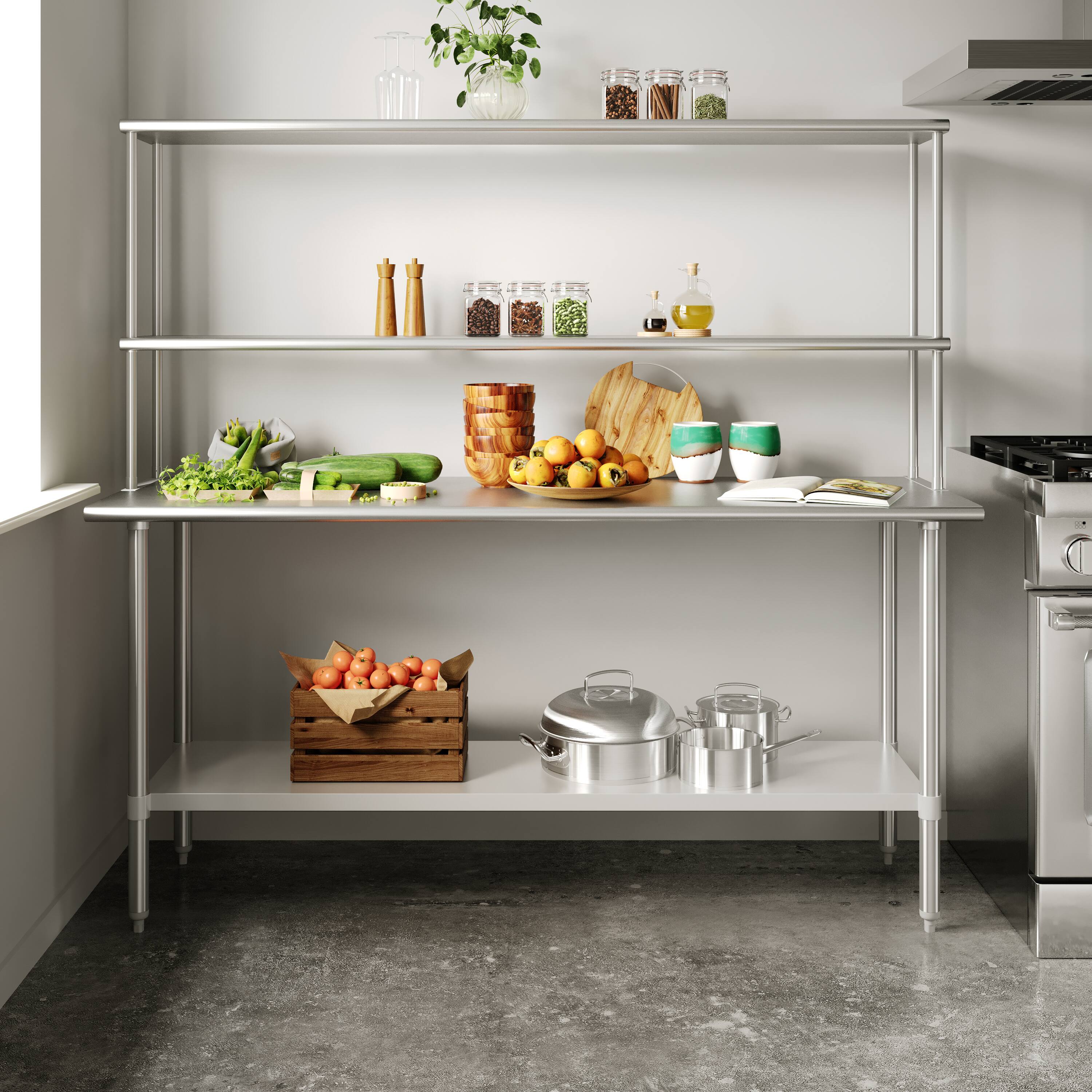 Alt View 1. Flash Furniture - Reese 24x72 Portable Prep and Work Table with NSF Certified 18 Gauge Stainless Steel Top Shelf and Double Overshelves an - Gray.