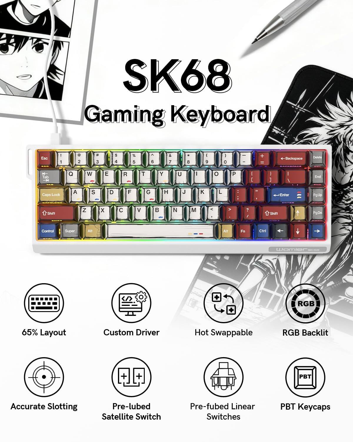 SK68 Gaming Keyboard

- Esc ! 1 @ 2 # 3 $ 4 % 5 ^ 6 & 7 * 8 ( 9 0 ) - _ + Backspace Delete
- Tab Q W E R T Y U I O P [ ] \ End
- Caps Lock A S D F G H J K L : " Enter
- Shift Z X C V B N M , . / Shift
- Control Super Alt Fn Ctrl

Features:
- 65% Layout
- Custom Driver
- Hot Swappable
- RGB Backlit
- Accurate Slotting
- Pre-lubed Satellite Switch
- Pre-fubed Linear Switches
- PBT Keycaps