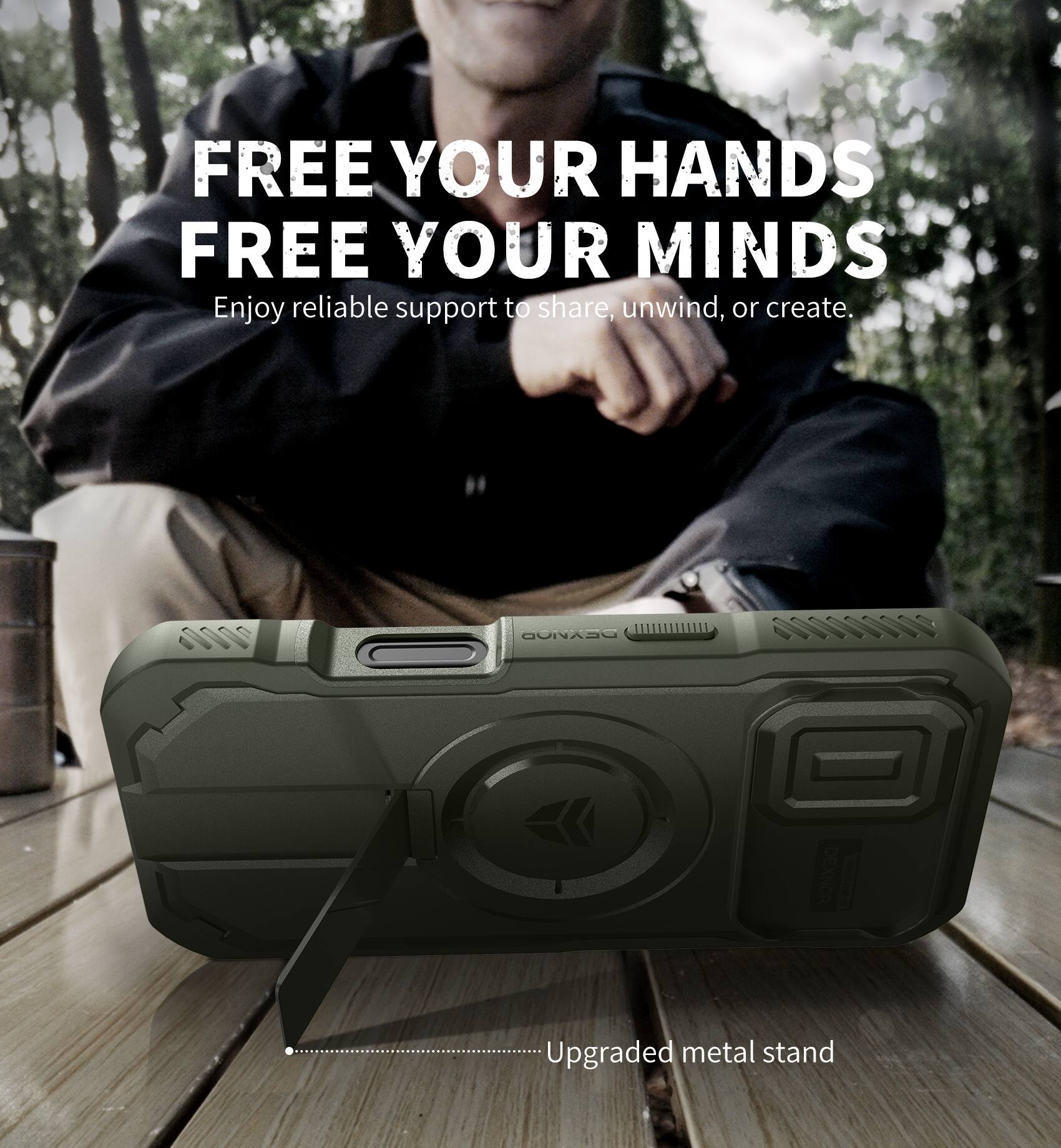 FREE YOUR HANDS  
FREE YOUR MINDS  
Enjoy reliable support to share, unwind, or create.  

Upgraded metal stand