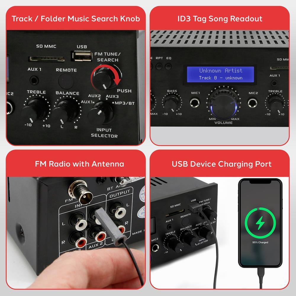 1. Track / Folder Music Search Knob
   - SD MMC
   - USB
   - FM TUNE/SEARCH
   - AUX 1
   - REMOTE
   - TREBLE
   - BALANCE
   - AUX2
   - AUX3
   - MP3/BT
   - INPUT SELECTOR
   - MIC1
   - MIC2
   - BASS
   - VOLUME
   - MIN MAX

2. ID3 Tag Song Readout
   - Unknown Artist
   - Track B - unknown
   - RPT EQ
   - SD MM
   - AUX 1
   - BASS
   - MIC1
   - MIC2
   - TREBLE
   - MIN MAX
   - VOLUME

3. FM Radio with Antenna
   - FM IN
   - BT AIO OUTPUT
   - L
   - R
   - AUX 2
   - MADE IN

4. USB Device Charging Port
   - USB Device Charging Port
   - 95% Charged