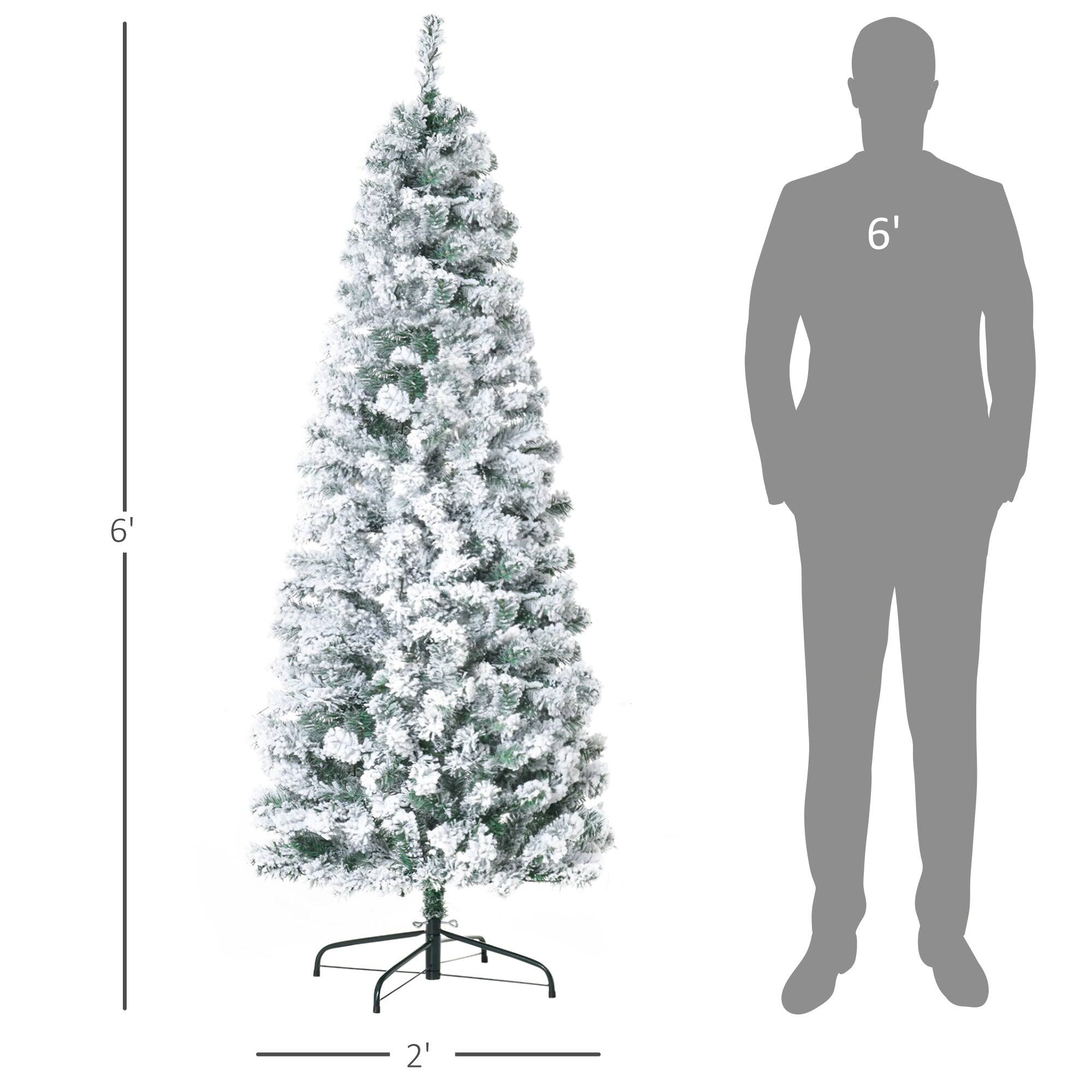 Left. BreeBe - 6ft Pre-Lit Snow-Flocked Slim Douglas Fir Artificial Christmas Tree with Realistic Branches - Green.